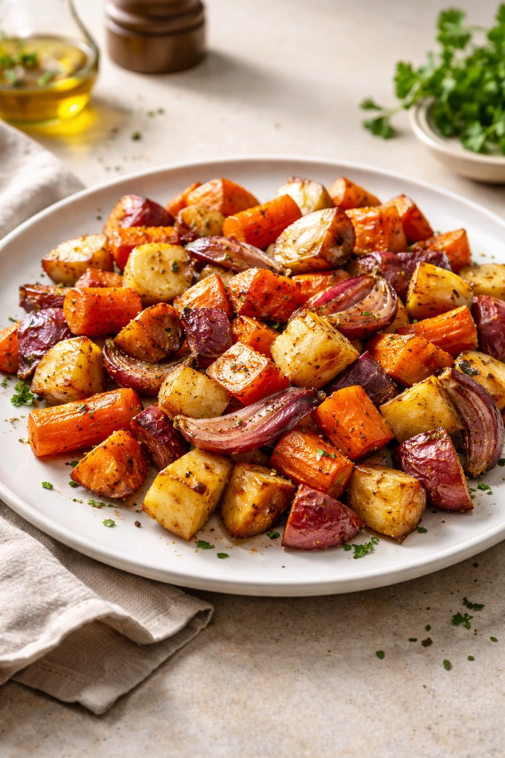 Plated roasted vegetables served warm on a clean plate