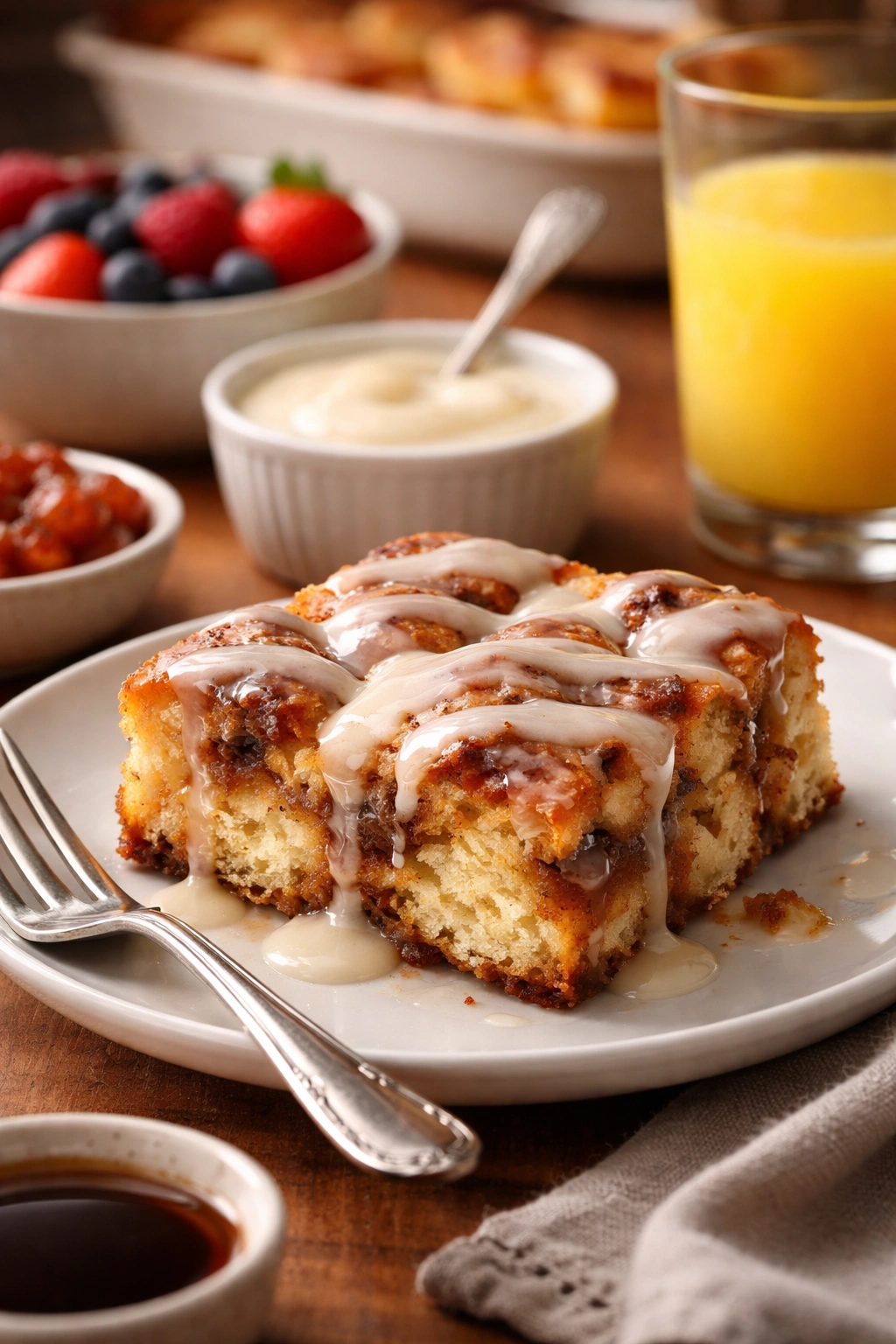 Plated cinnamon roll casserole slice with frosting drizzle