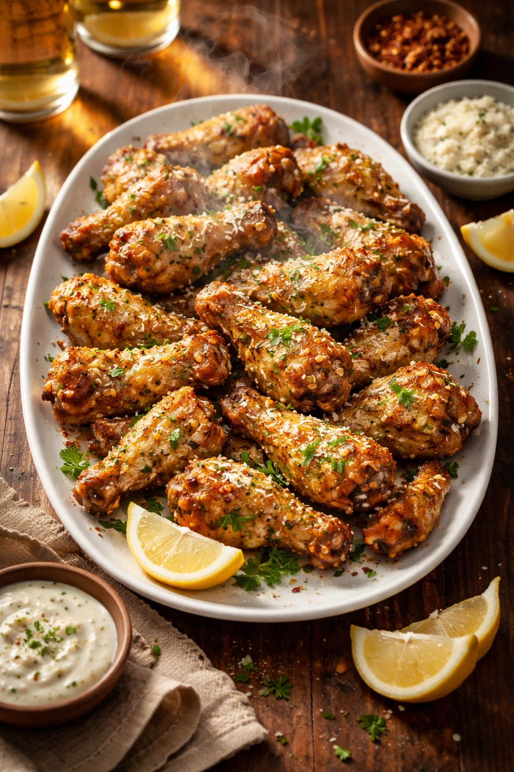 Platter of hot garlic parmesan wings on a wooden board