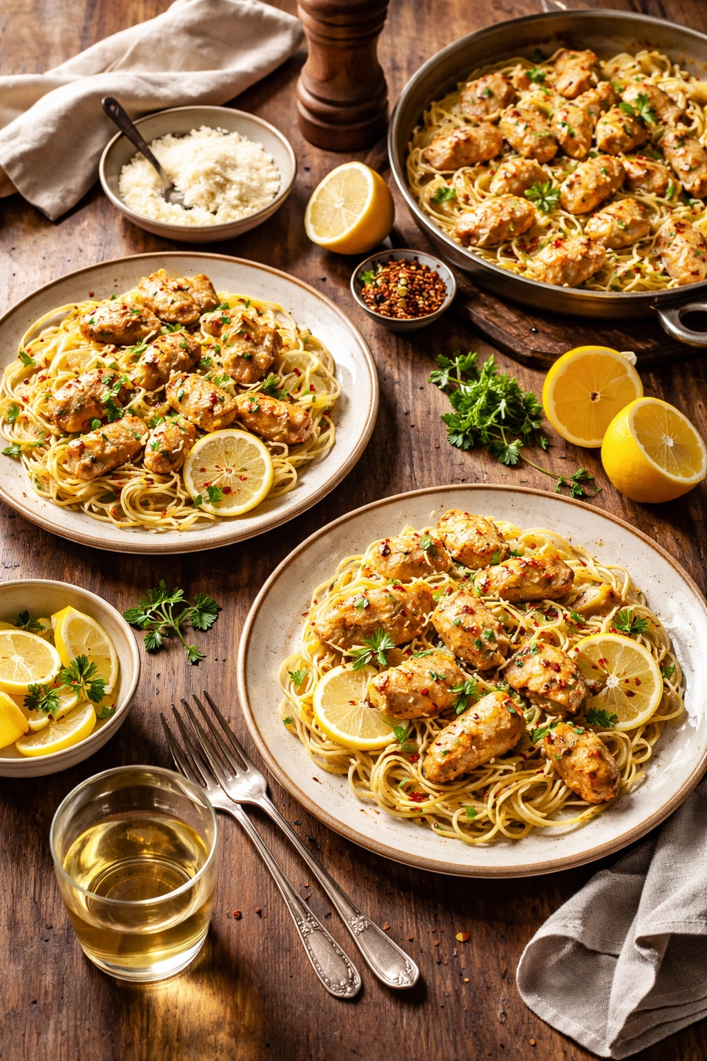 Plated portions of chicken scampi on a wooden table, suggesting yield