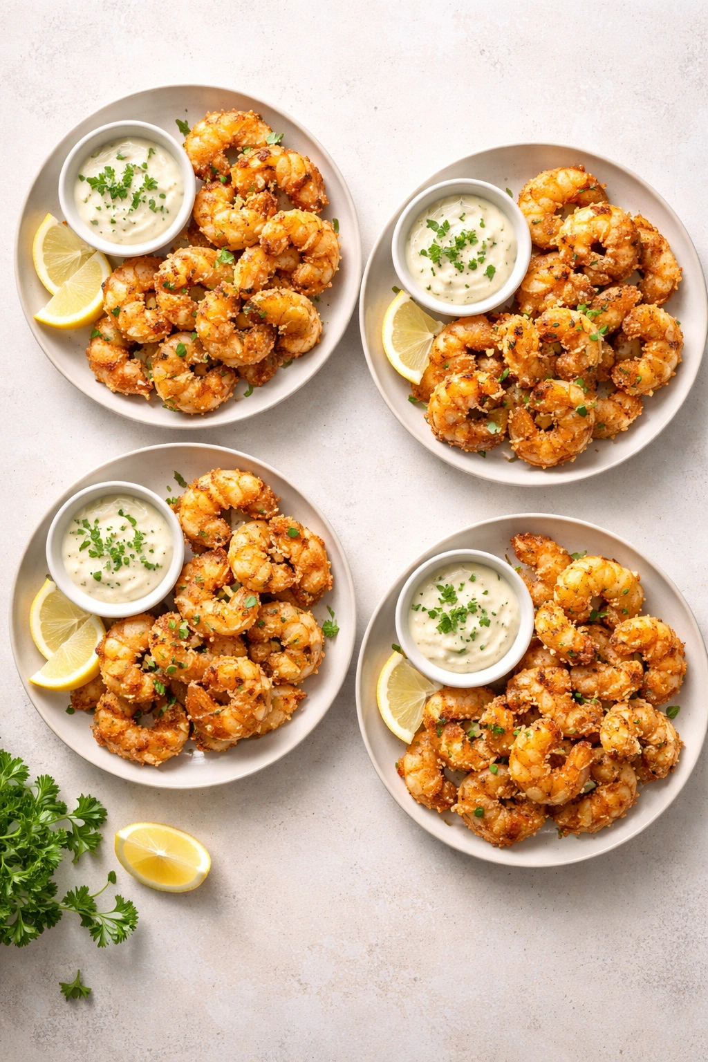 Four shrimp portions arranged to suggest four servings on a plate