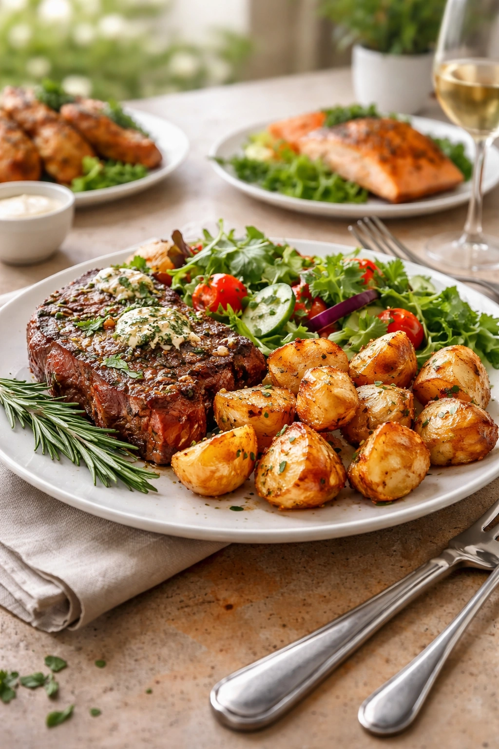 Plate with crispy potatoes and grilled protein, styled as a serving pairing