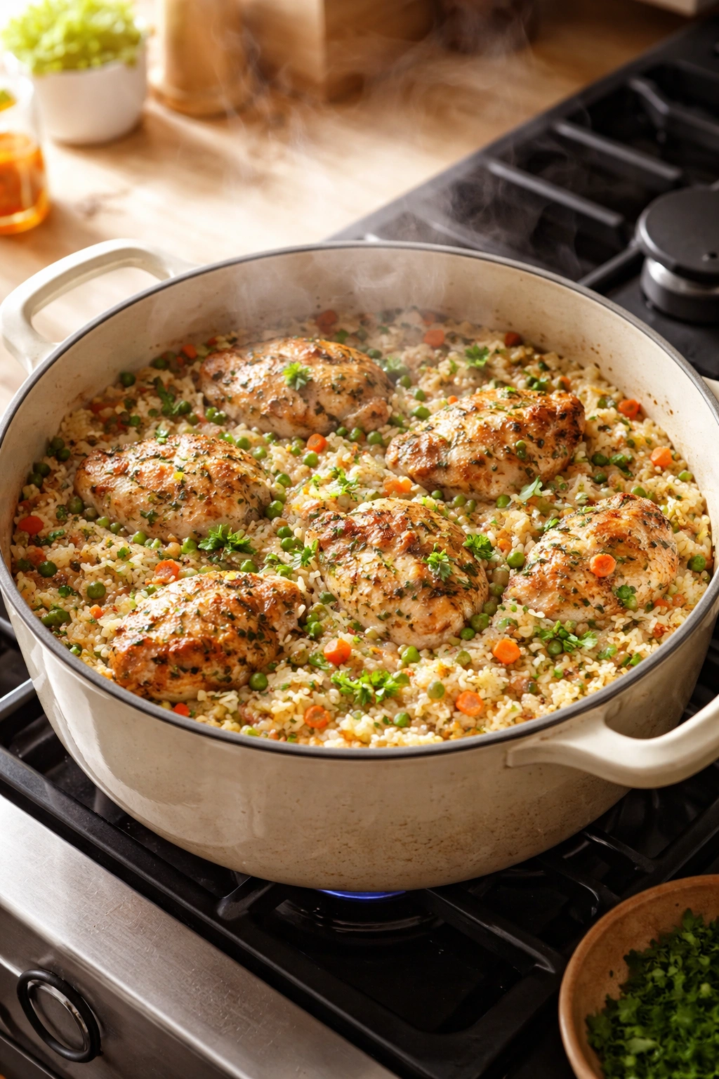 Pot of chicken and rice simmering on stove
