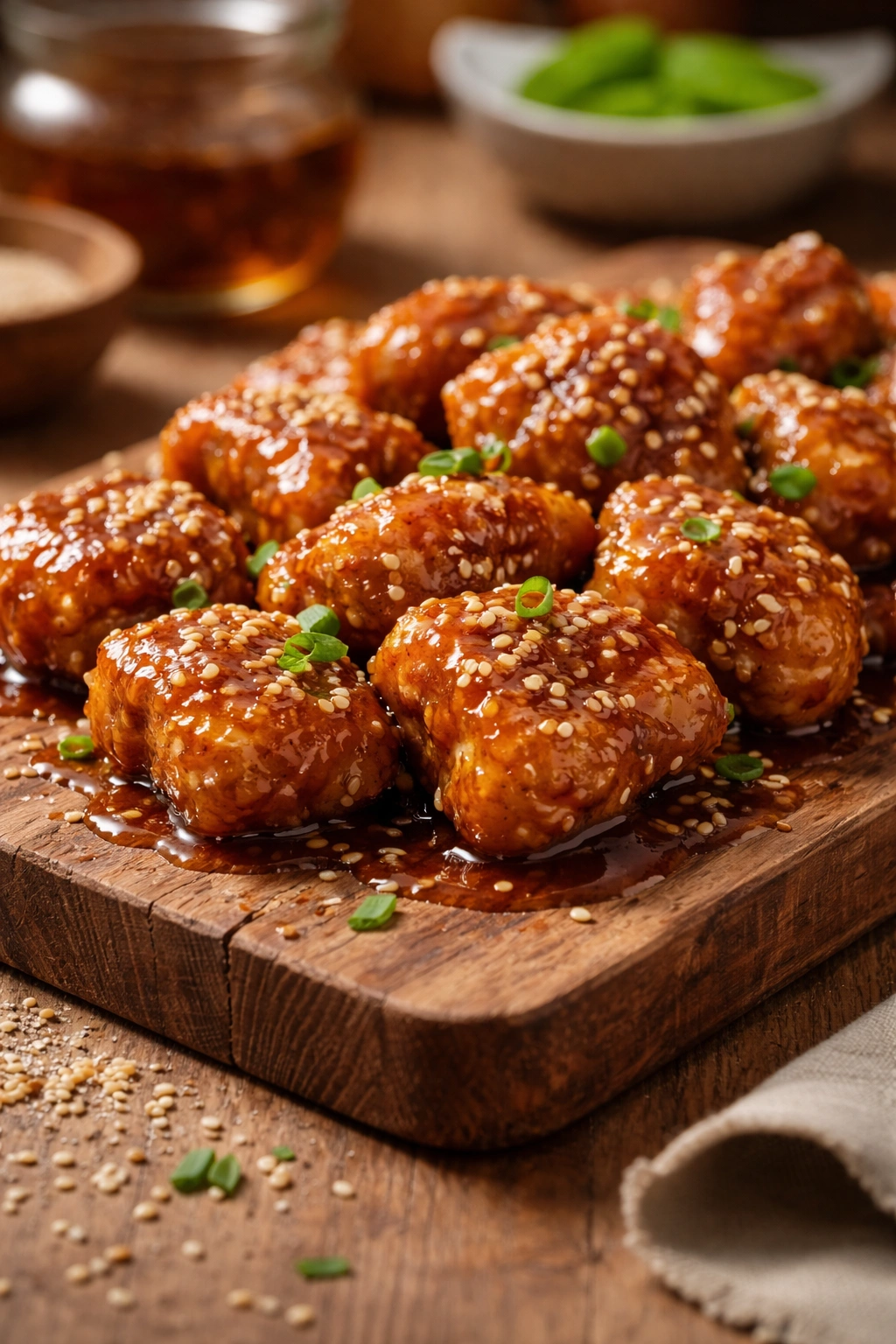 Close-up of crispy sesame chicken with amber glaze on a wooden board