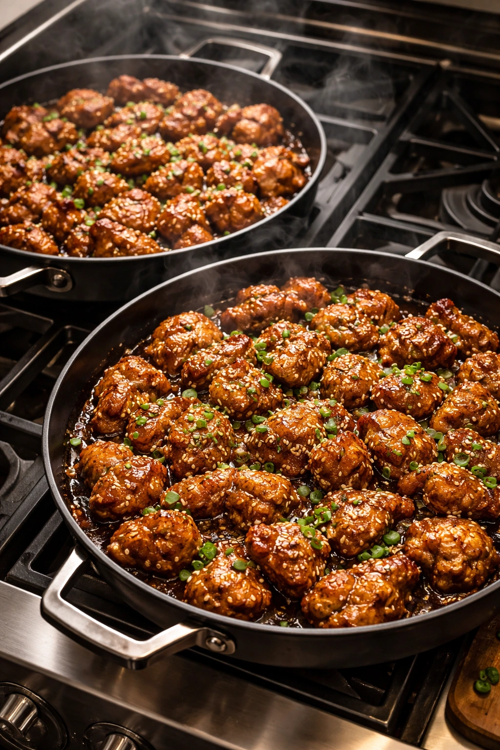 Two large skillets with crispy sesame chicken thighs for crowd cooking