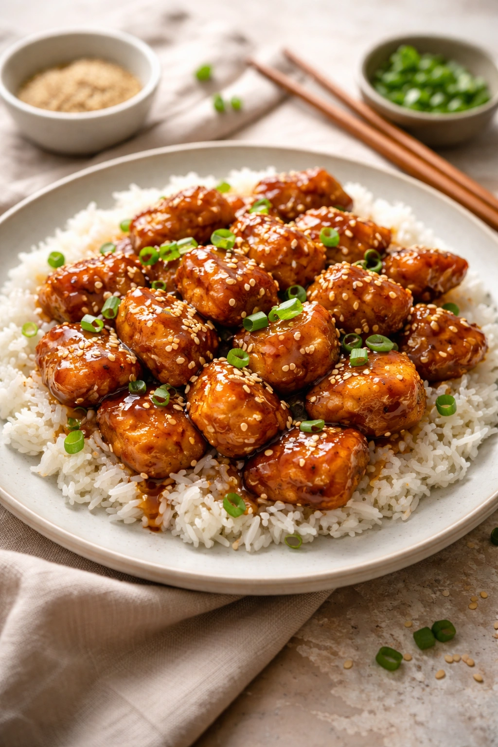 Finished sesame chicken plated neatly on a clean plate