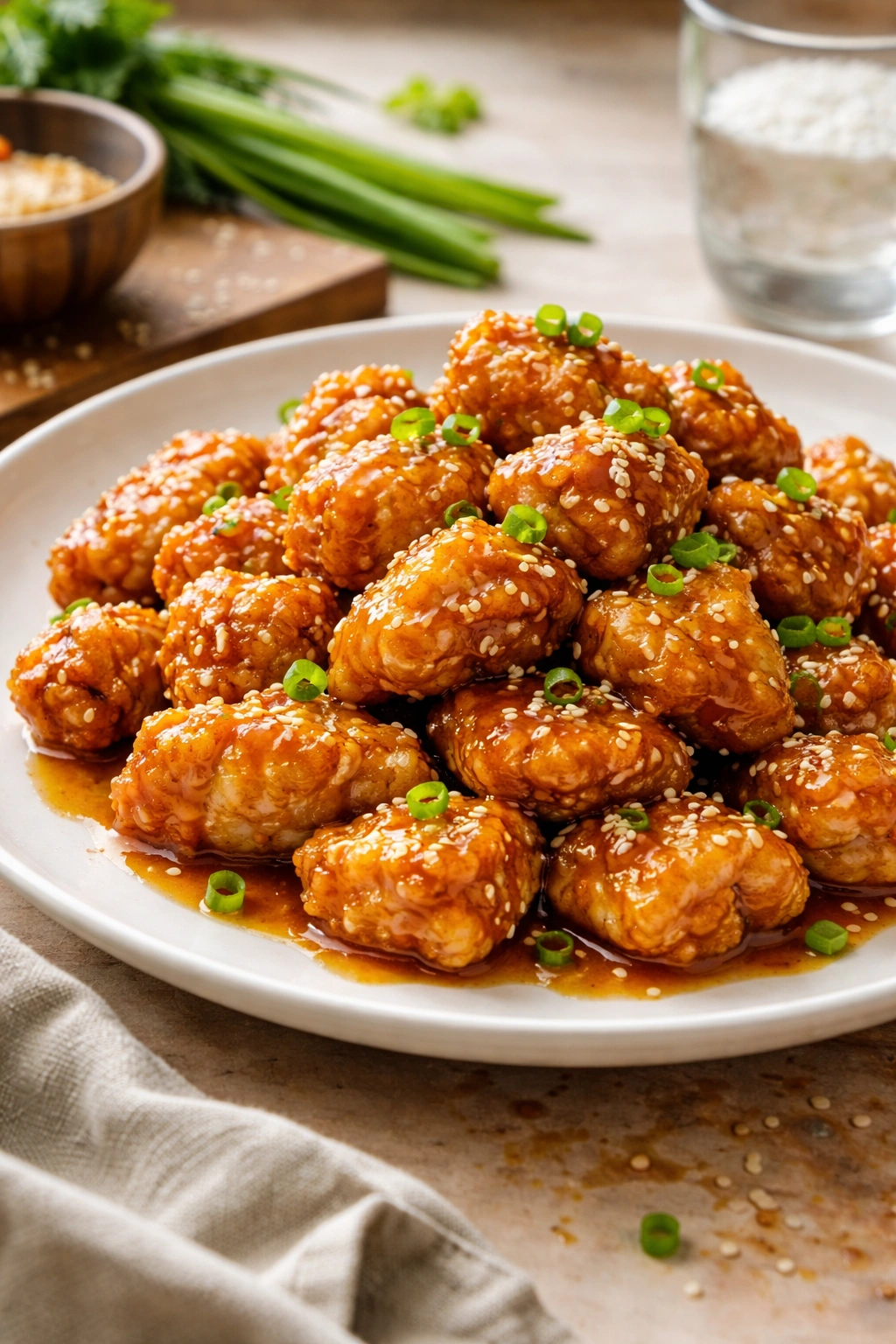 Close-up of crispy sesame chicken pieces with glossy amber sauce on a white plate