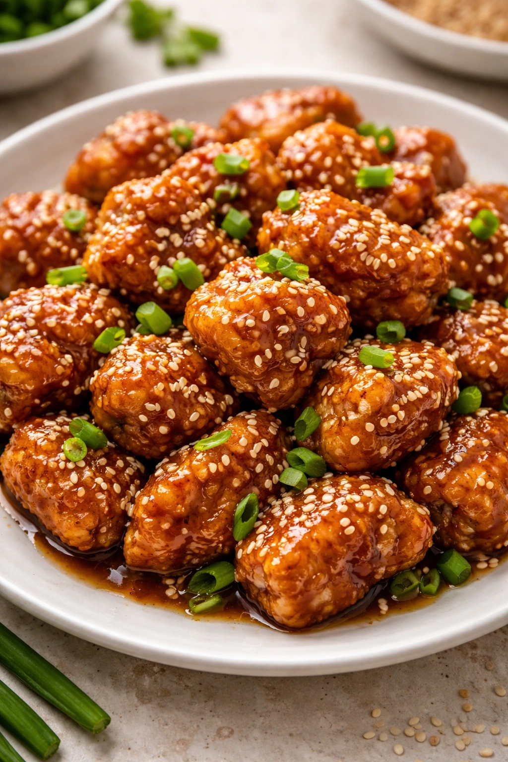 Close-up of glossy sesame chicken bites with sesame seeds on a white plate