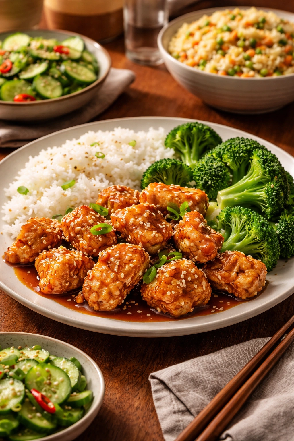 Plate of sesame chicken with rice and broccoli as perfect pairings