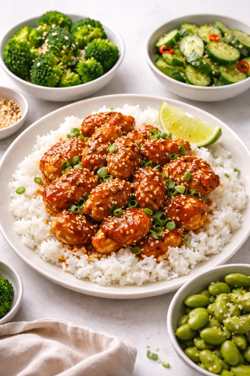 Sesame chicken served over steamed white rice on a plate