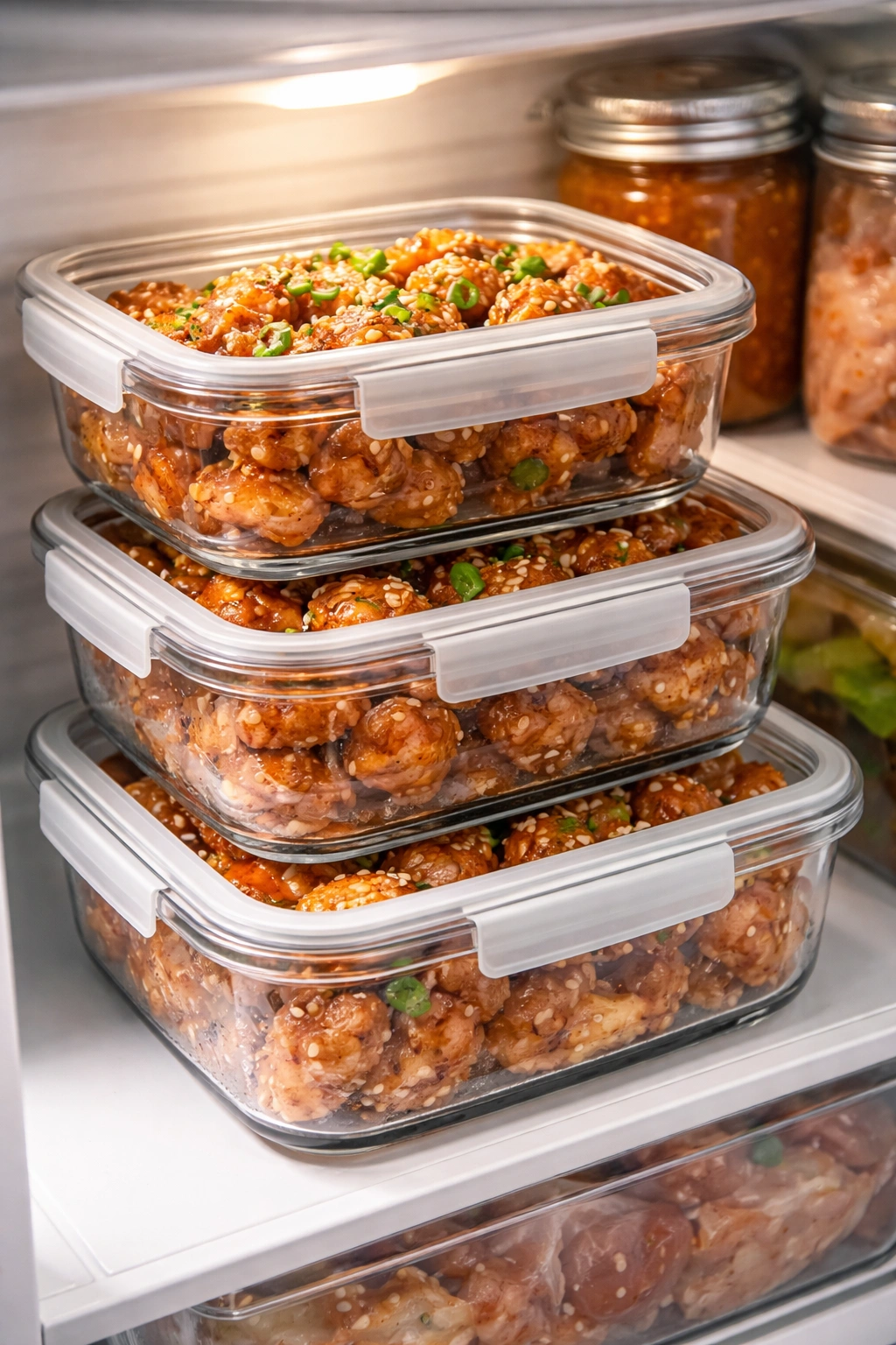 A fridge shelf with airtight containers of sesame chicken