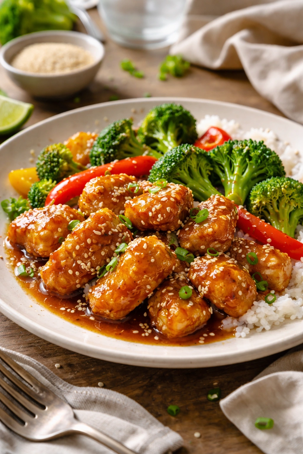 Plate of sesame chicken with broccoli and peppers showing variations