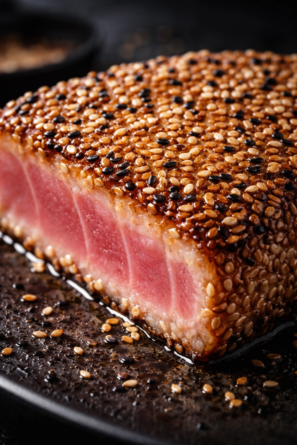 Macro close-up of a toasted sesame crust on a seared surface