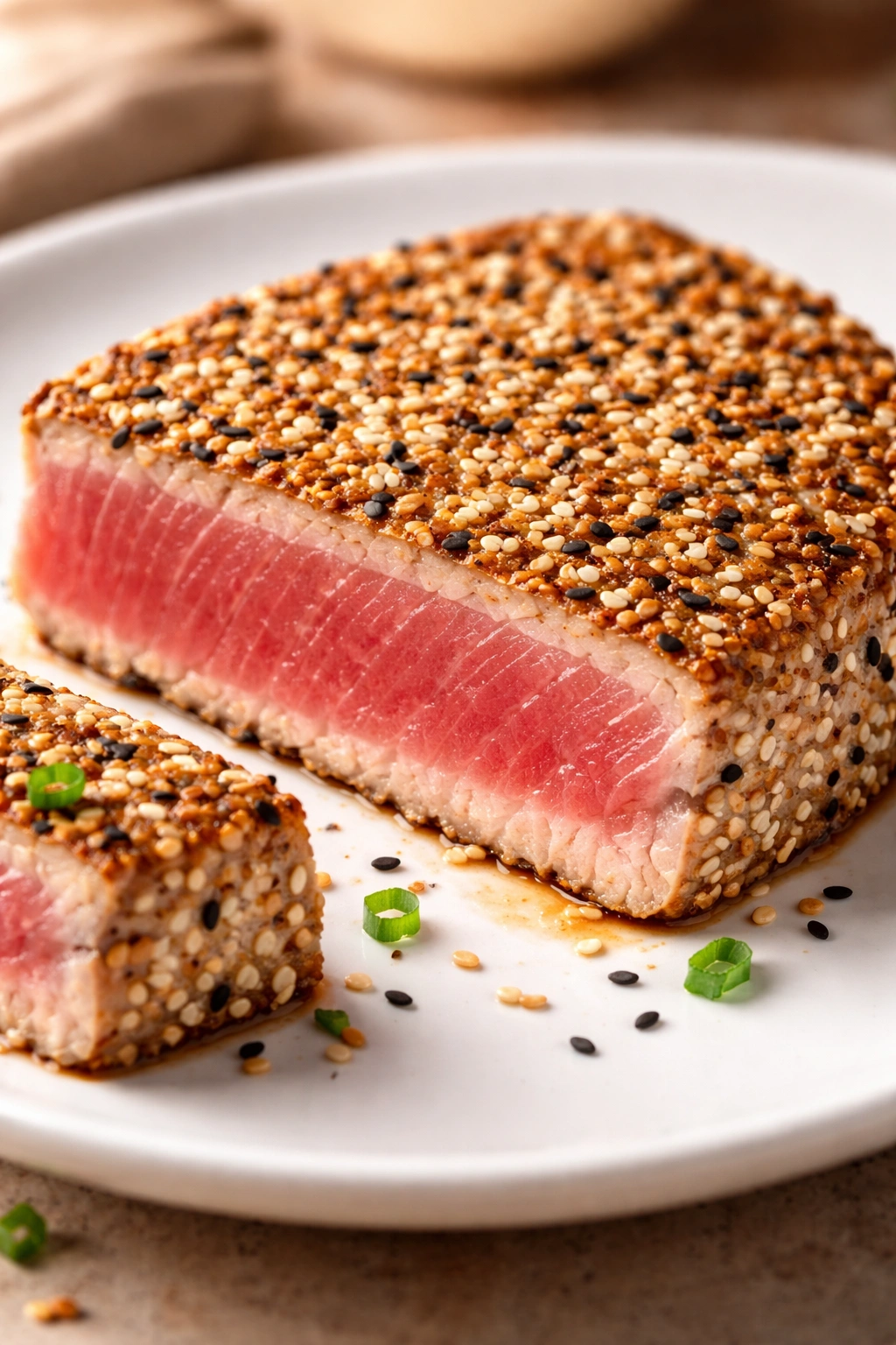 Close-up of a tuna steak with sesame crust on a white plate