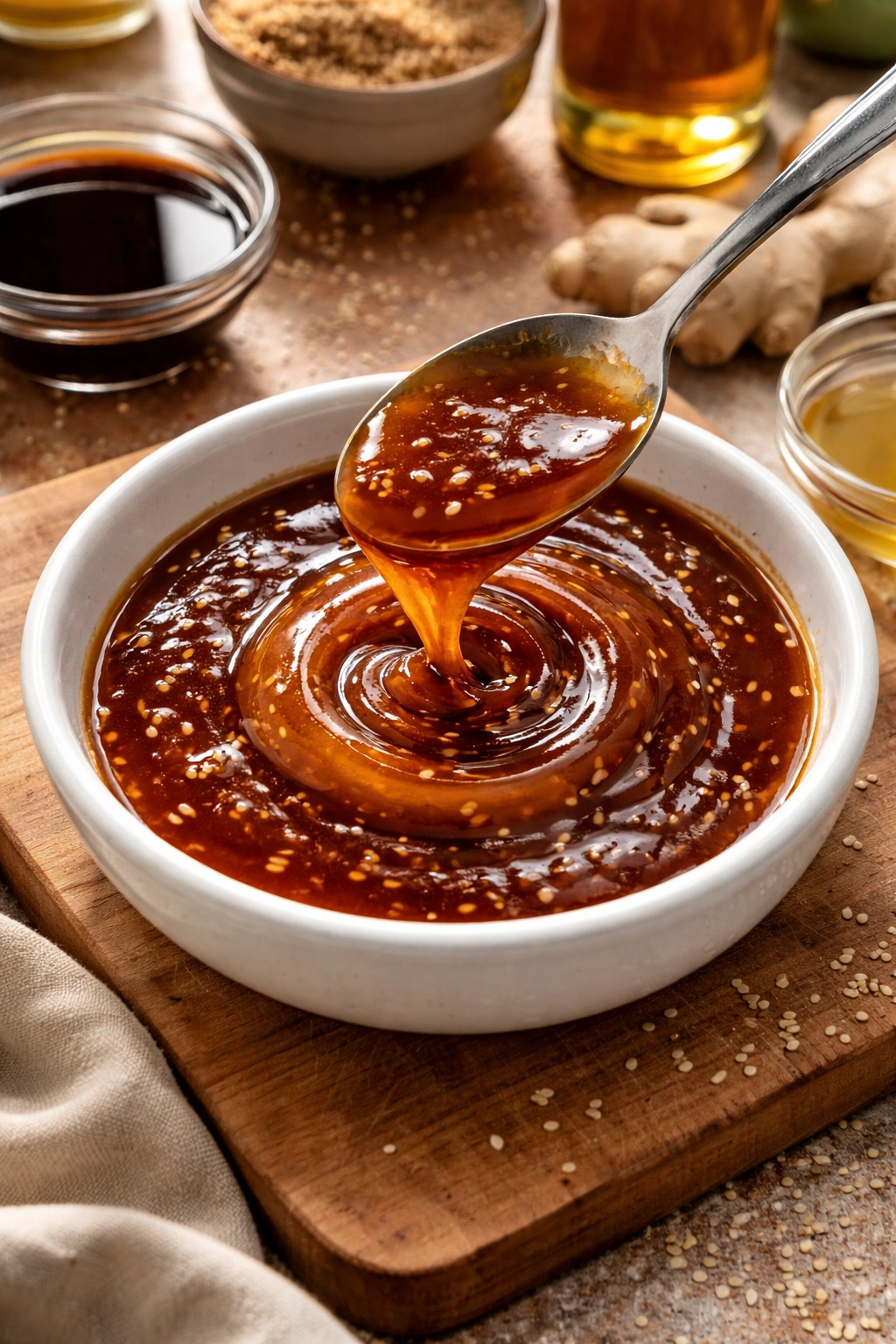 Glossy amber sesame sauce in a dish