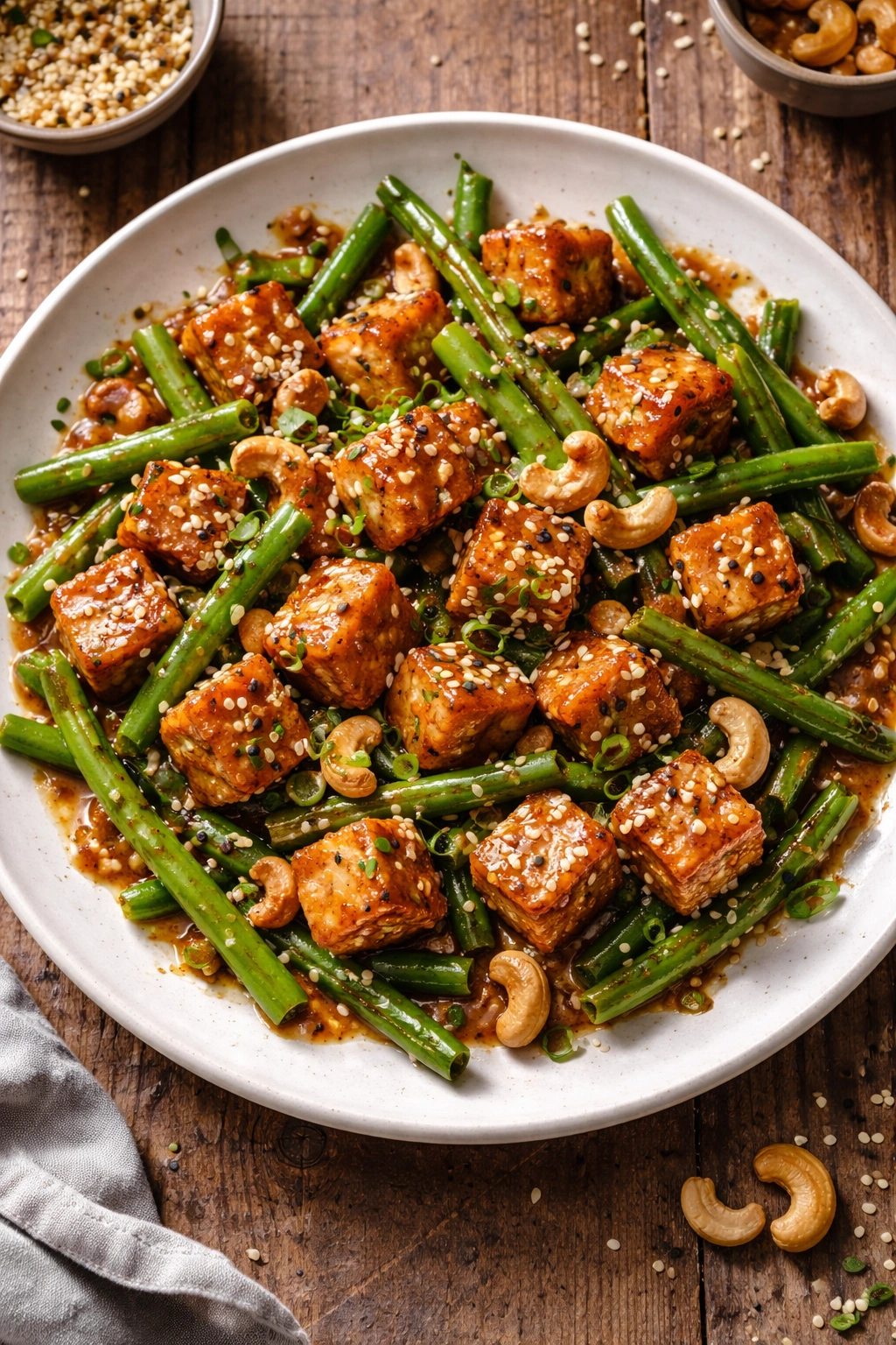 Crispy sesame-glazed tofu with green beans and cashews on a plate