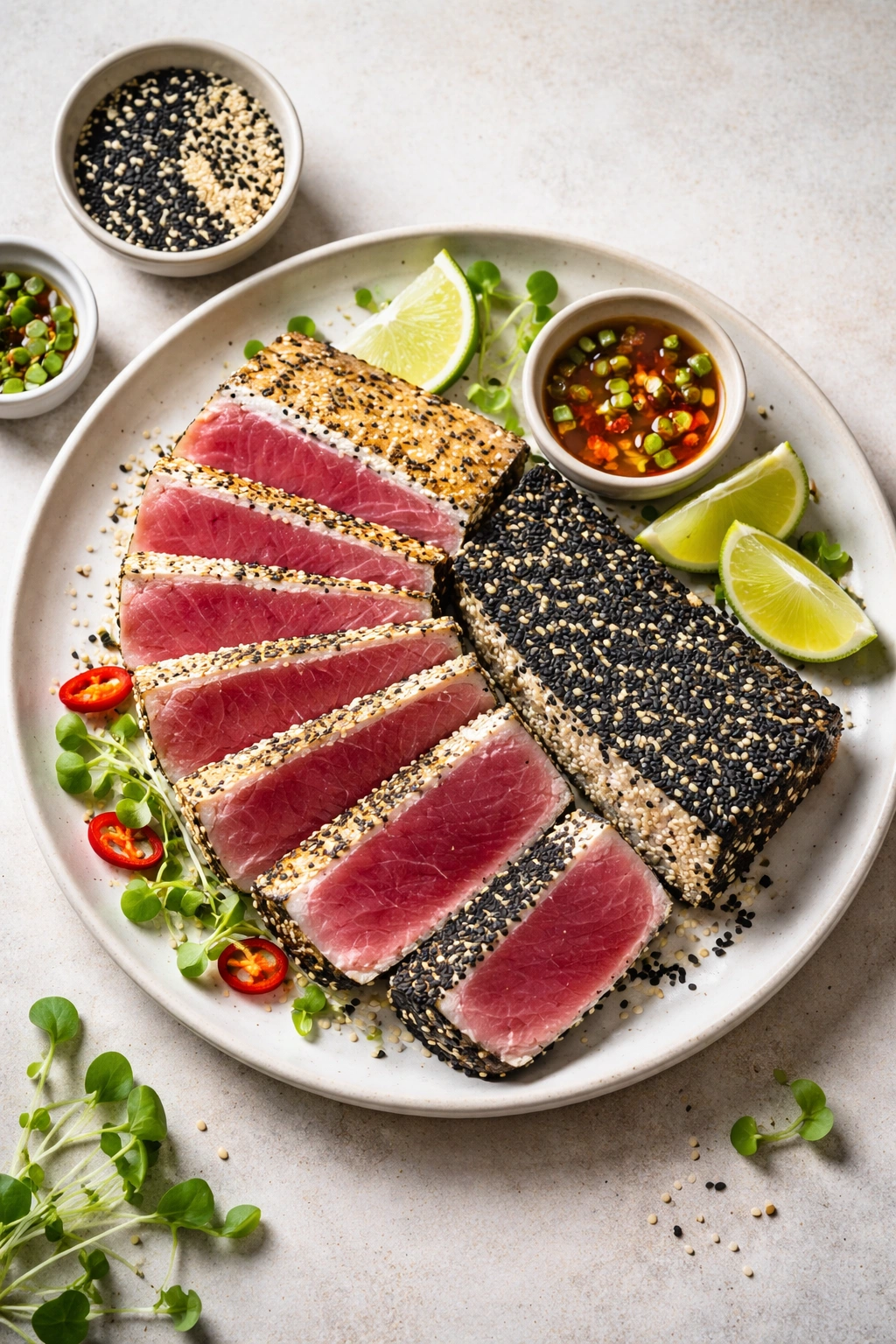 Ahi tuna with half white sesame and half black sesame crust