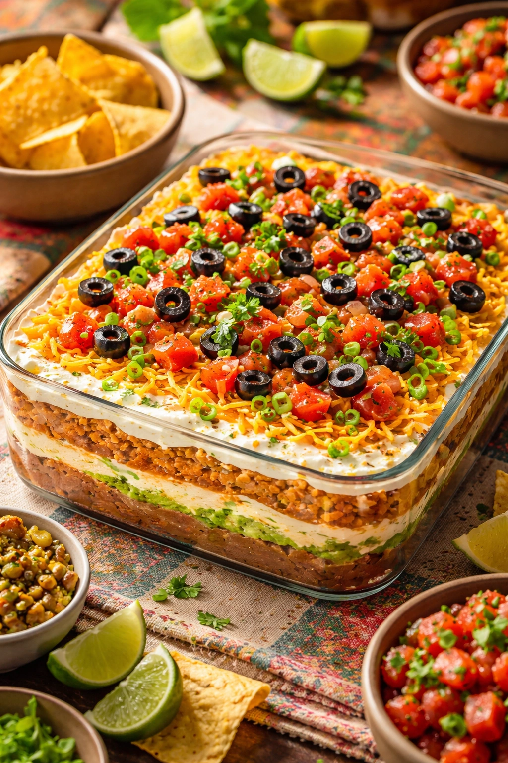 Seven-layer dip in a glass dish showing distinct colorful layers.