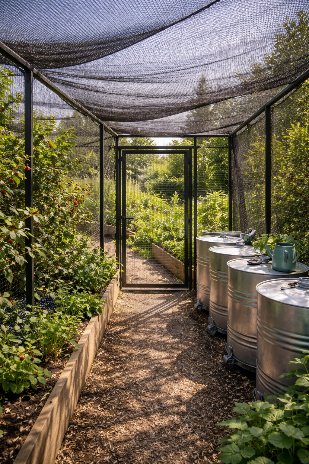 Fruit cage interior with door, shade cloth, and water barrels for climate control.