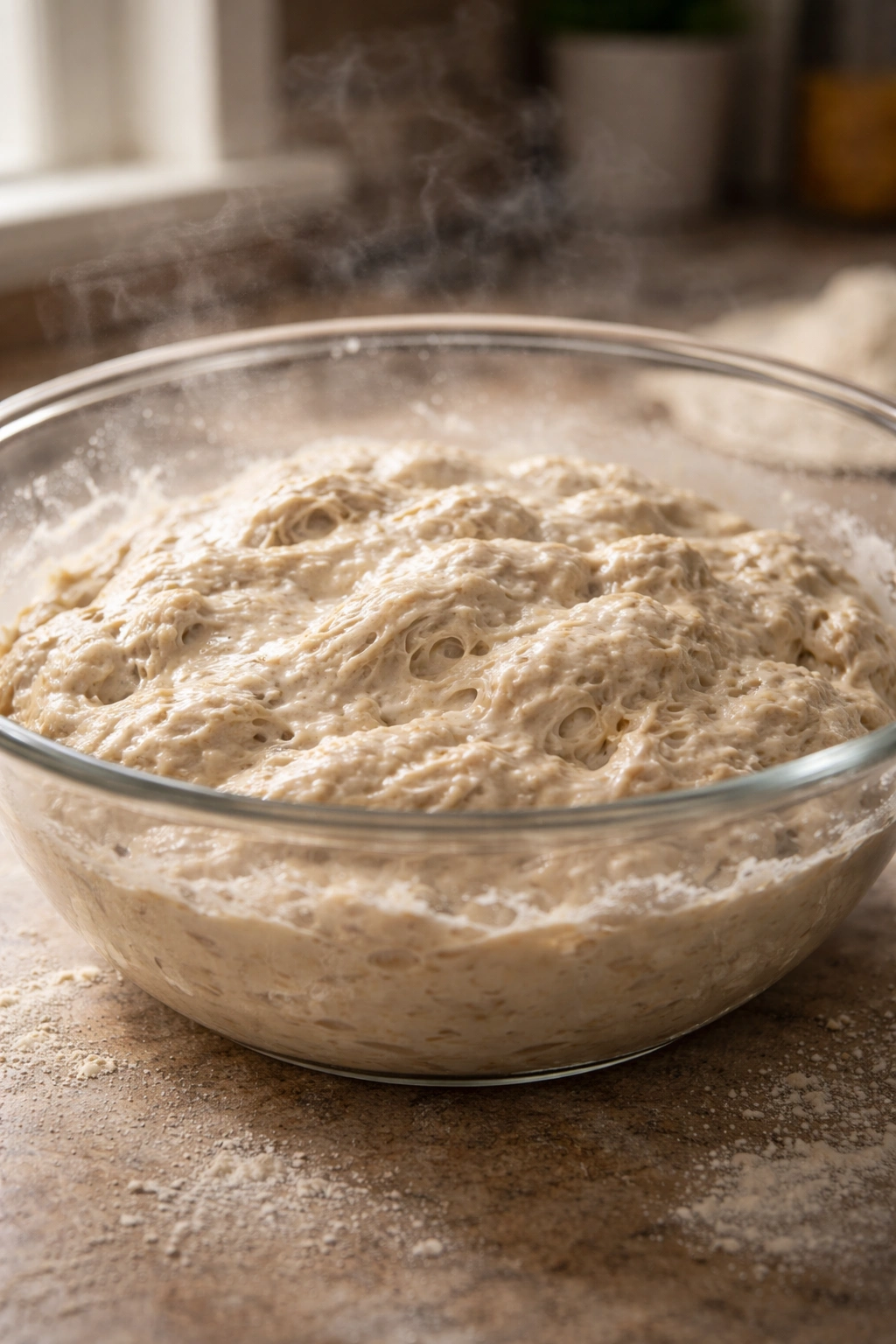 Shaggy wet dough in a glass bowl during mixing