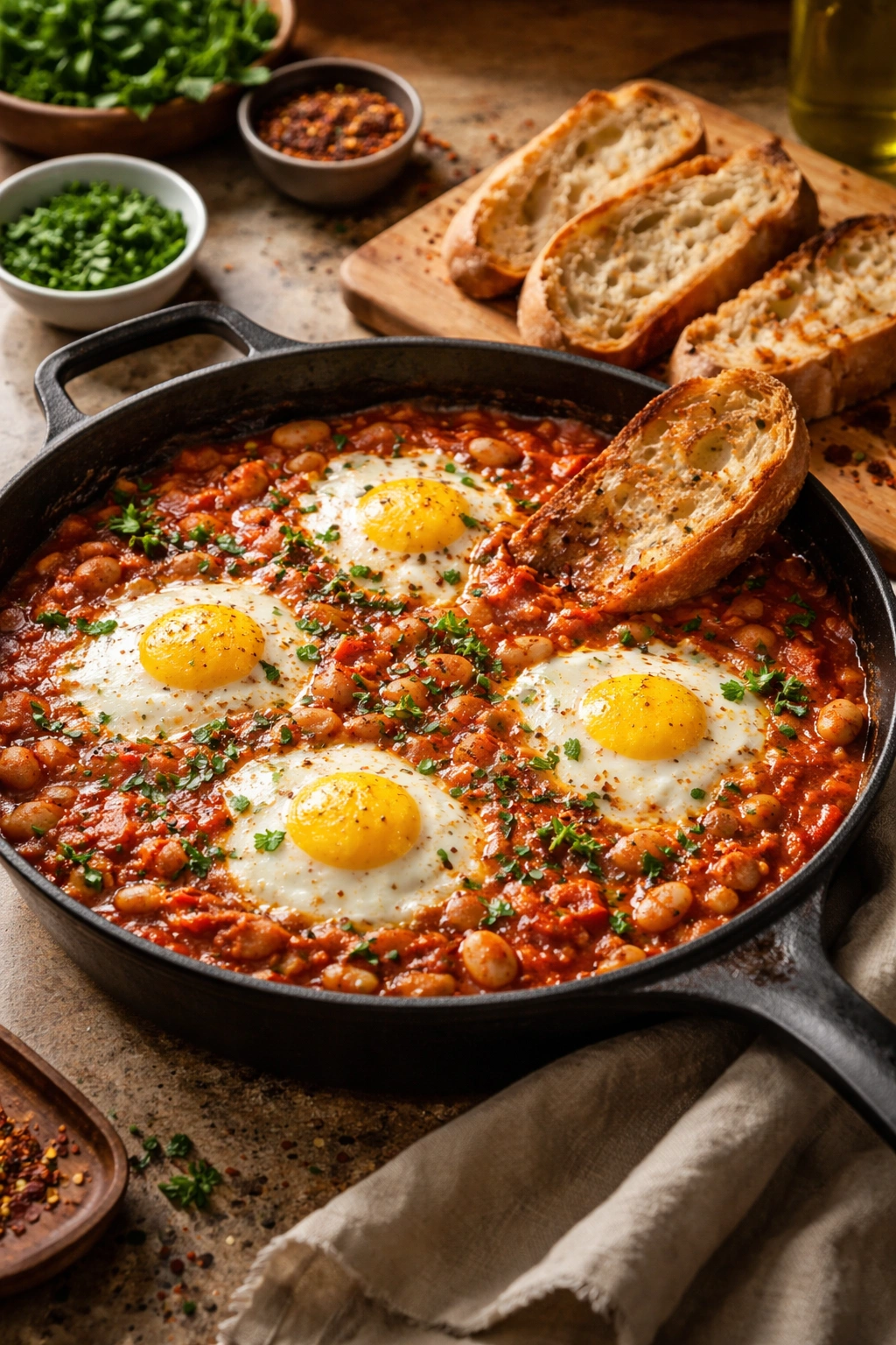 Shakshuka with beans and crusty bread in a skillet