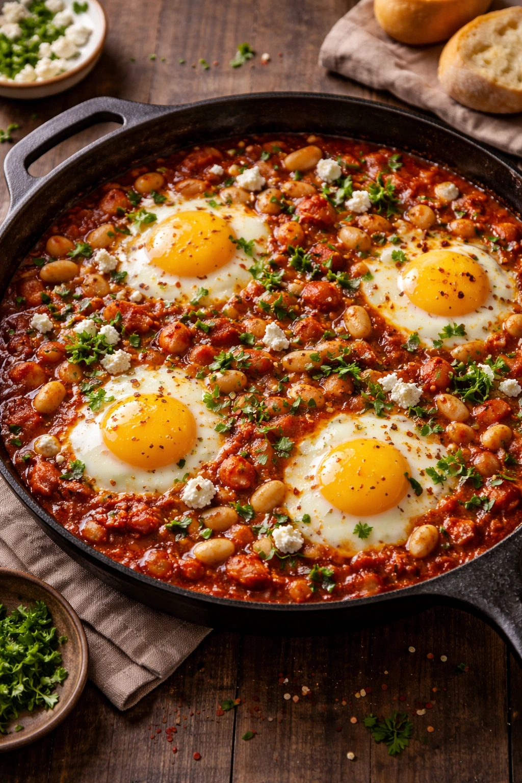 Close-up of shakshuka with white beans and feta in a cast-iron skillet