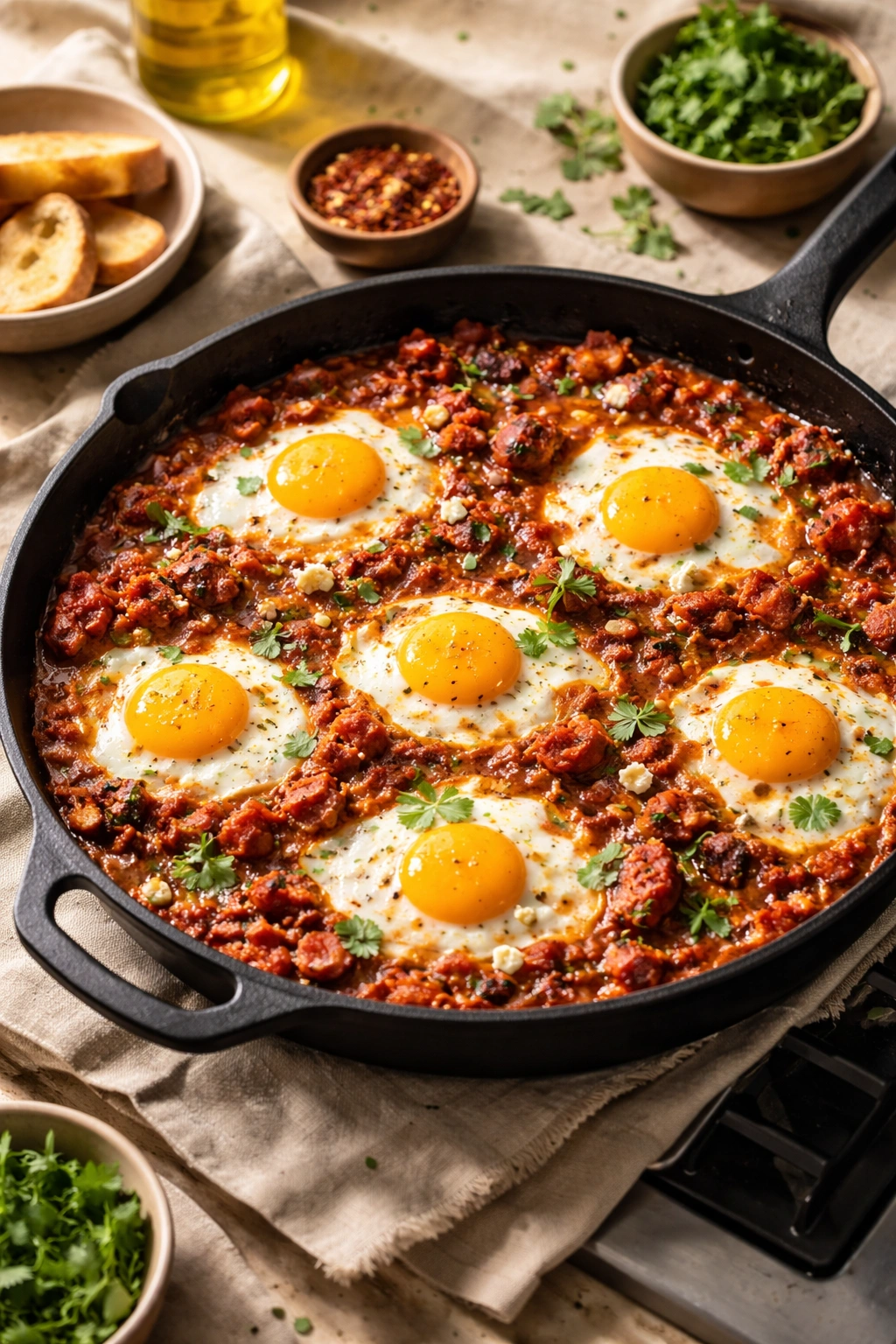 Baked eggs in tomato-chorizo sauce in a skillet