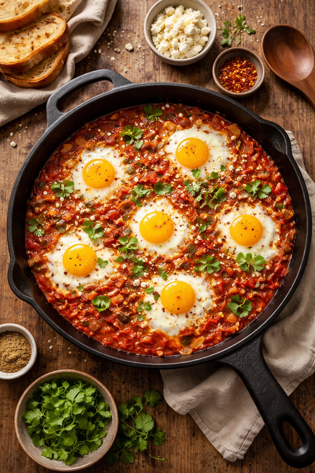 Shakshuka in cast iron skillet with eggs in red tomato sauce