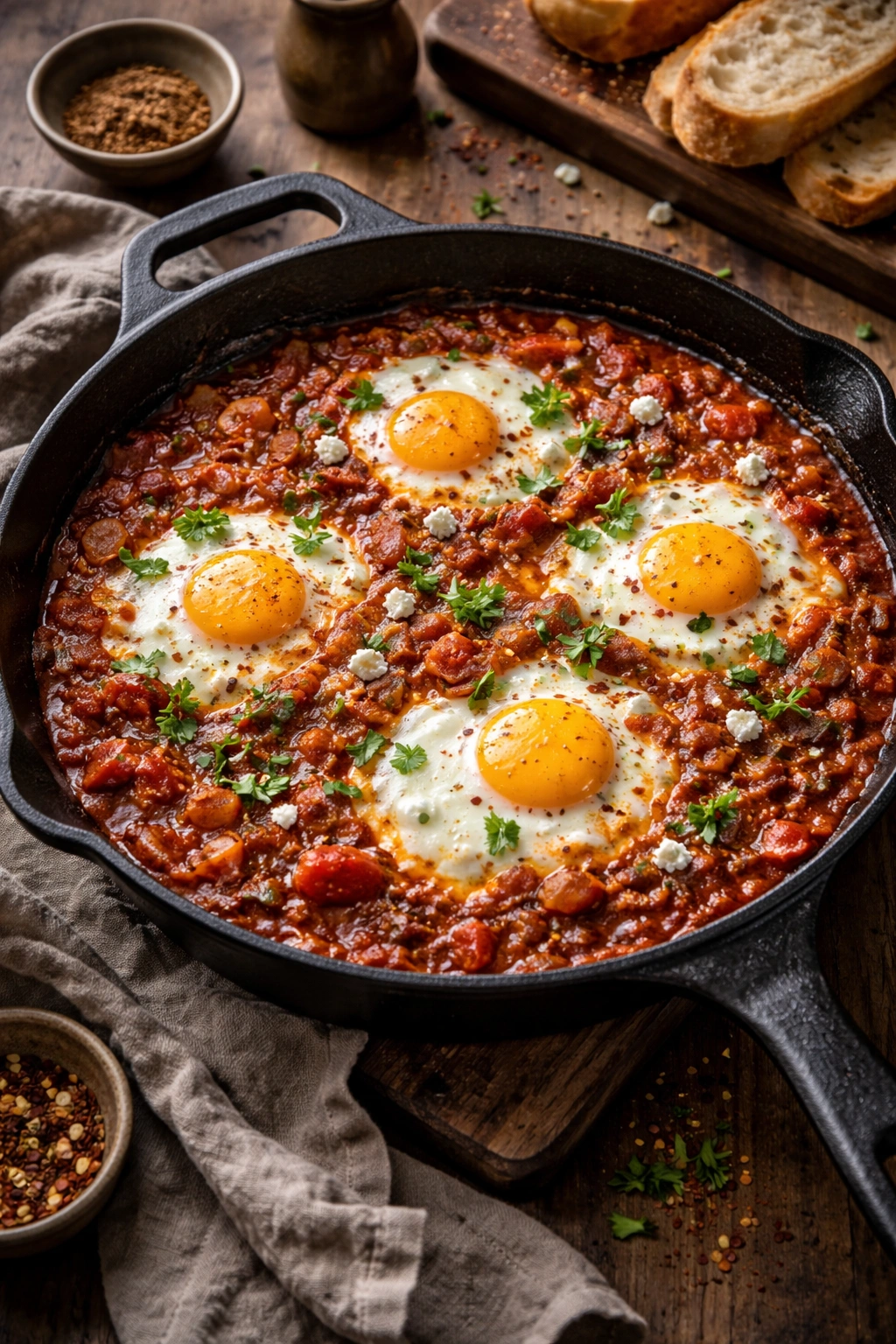 Shakshuka in cast iron skillet with eggs poached in spiced tomato sauce