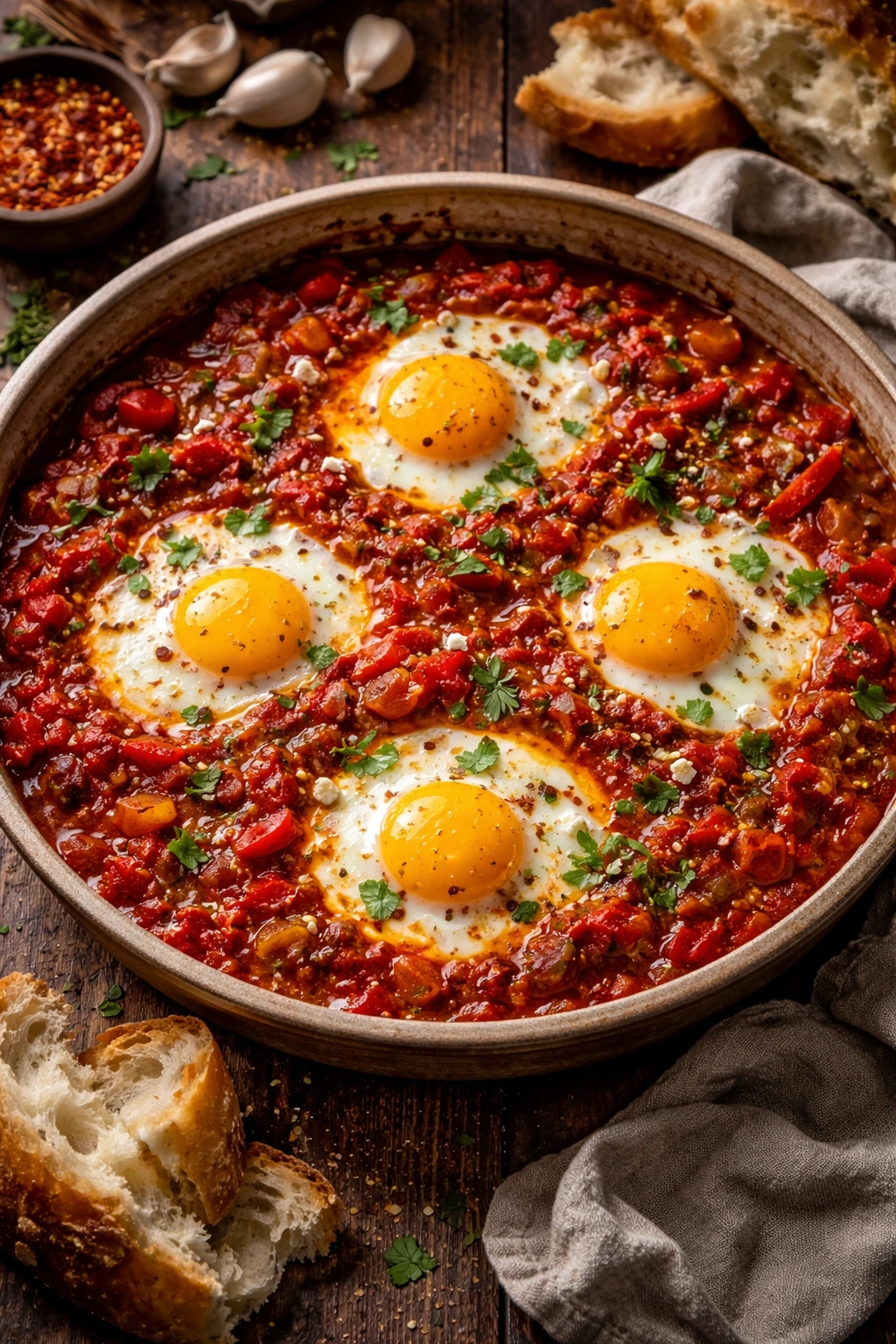 Close-up of shakshuka with eggs in spiced tomato sauce