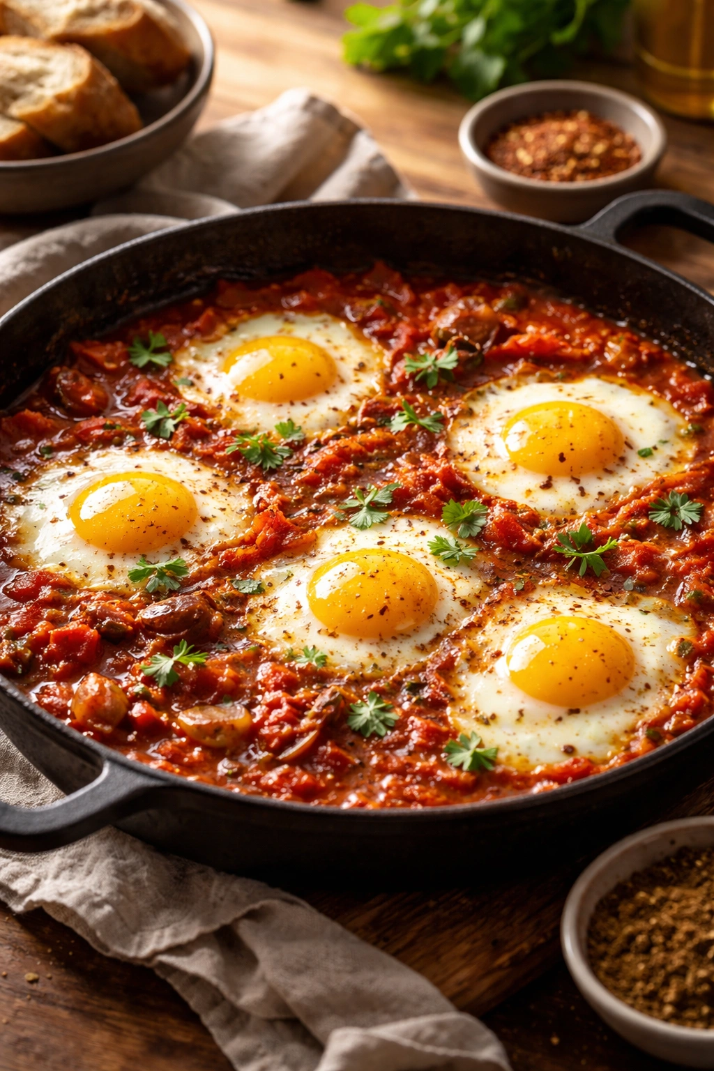 Shakshuka in skillet with eggs poached in spiced tomato sauce under warm kitchen lighting