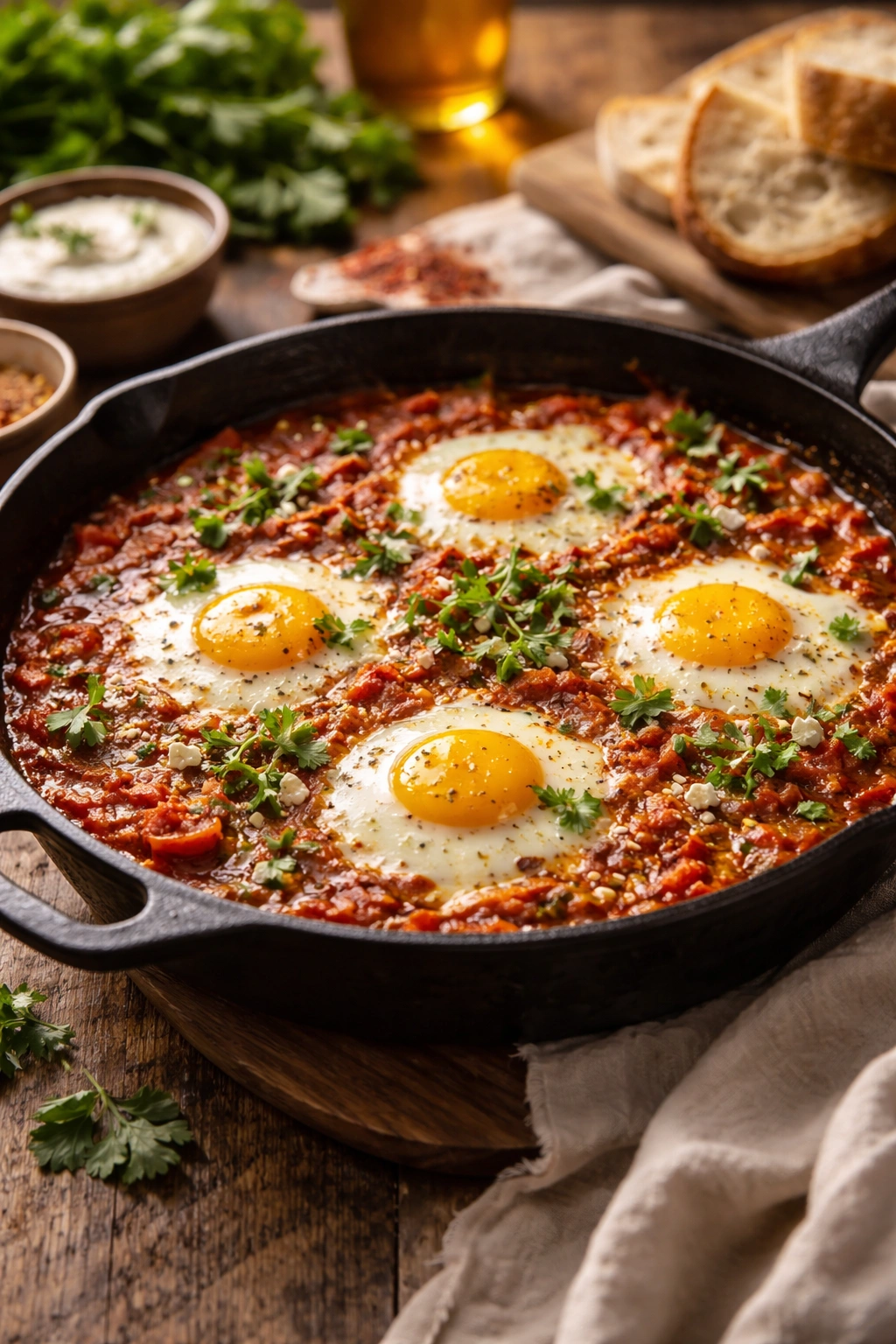 Close-up of shakshuka in a skillet with poached eggs in spiced tomato sauce