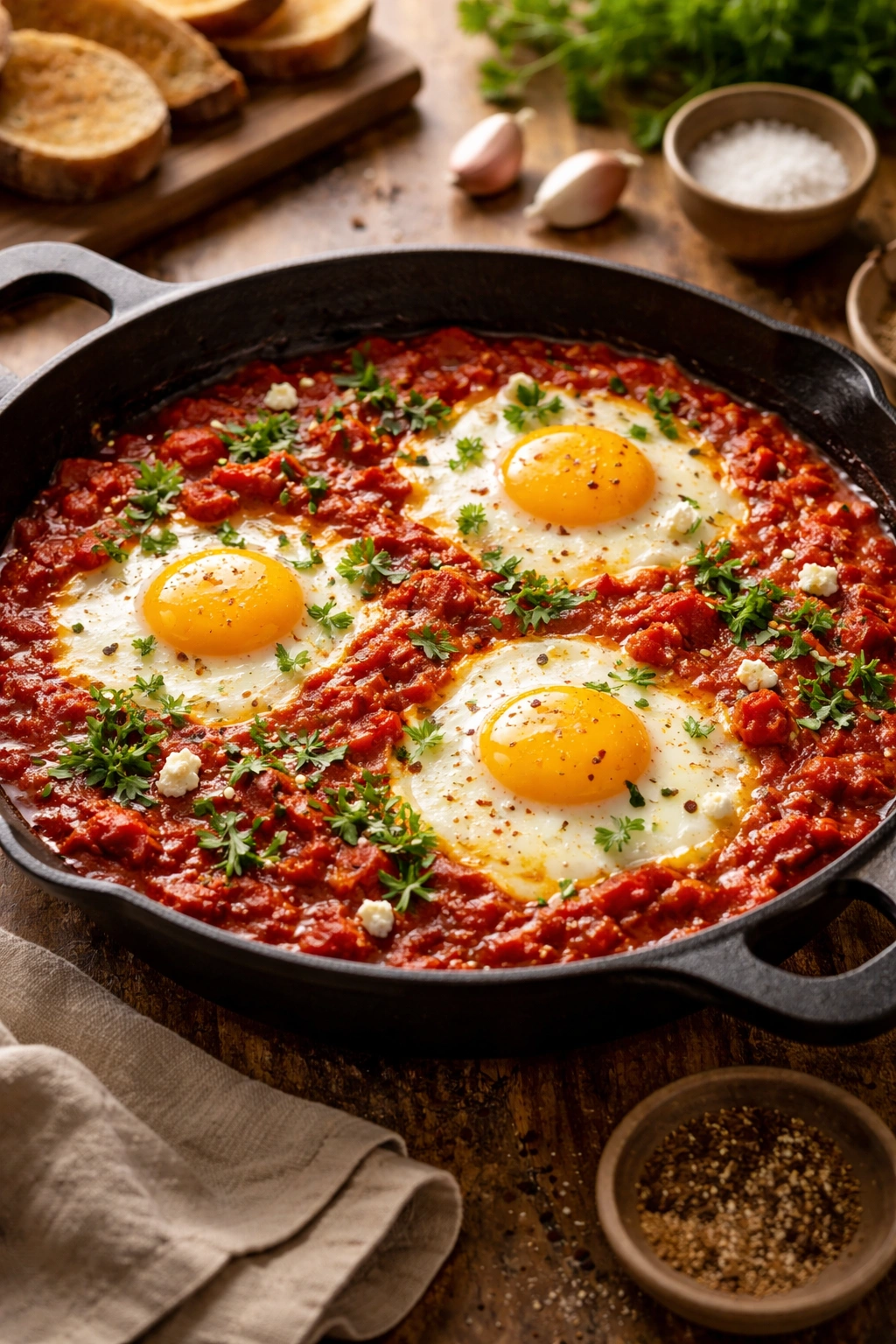 Close-up of shakshuka in a cast-iron skillet with eggs nestled in red tomato sauce, warm light