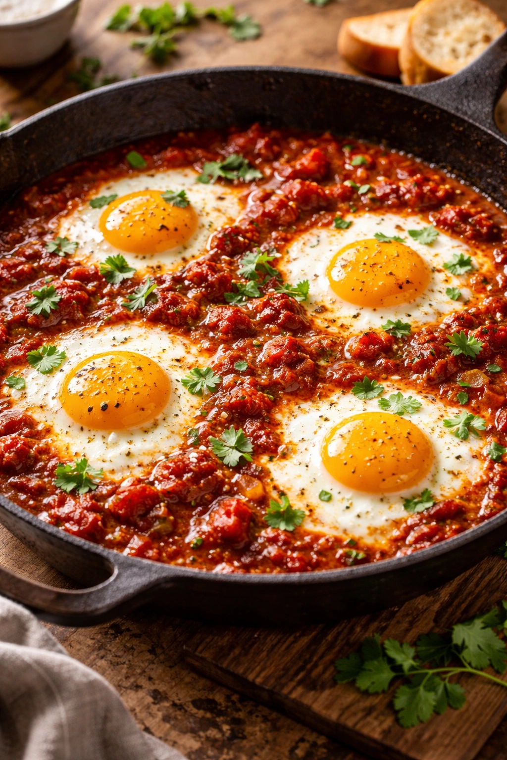 Eggs in bright red tomato sauce with spices in a skillet