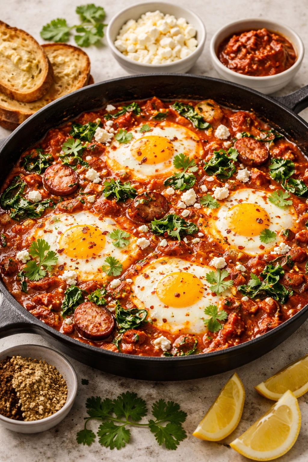 Shakshuka with feta crumbles on top in a skillet, red tomato sauce and runny yolks
