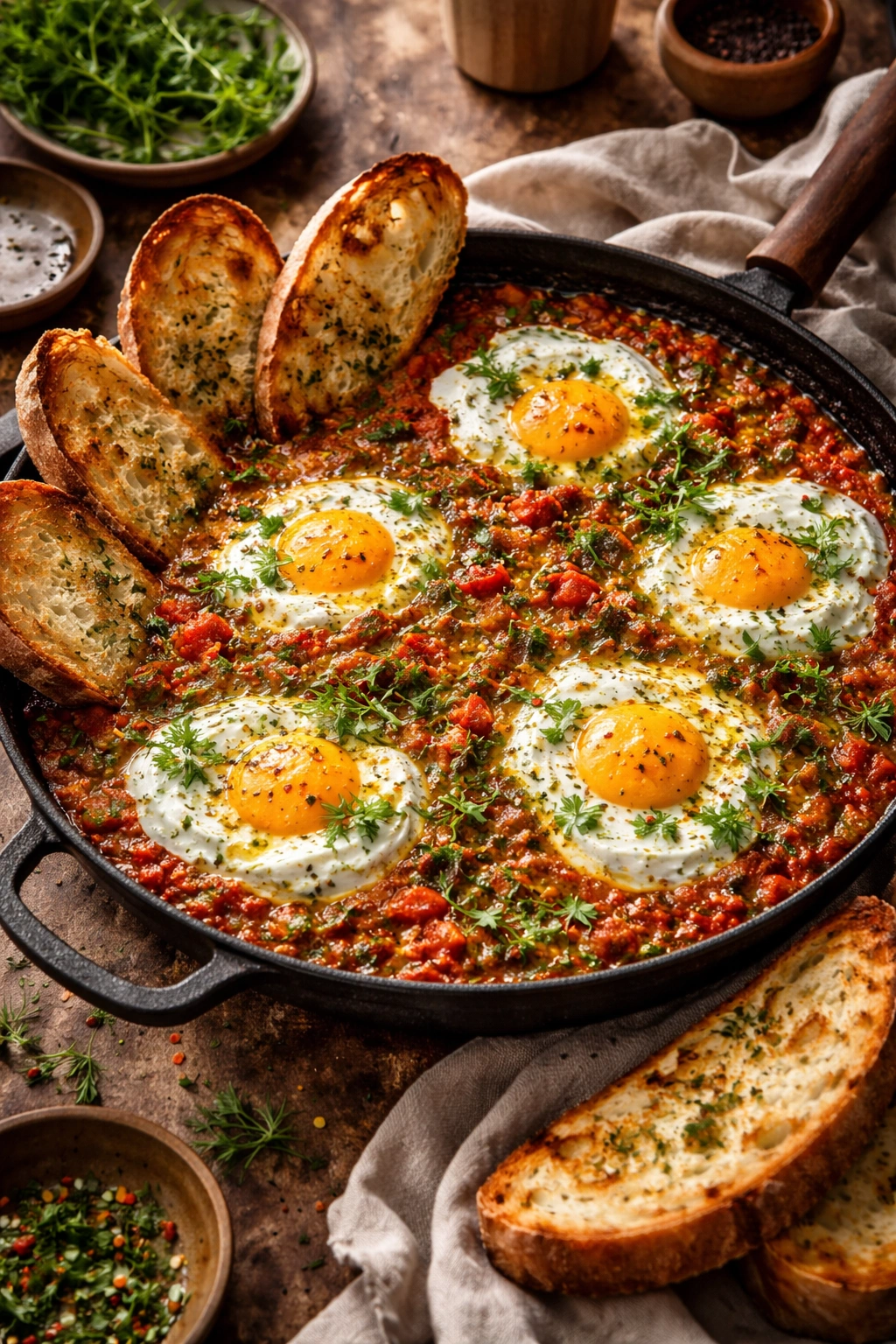 Close-up of shakshuka with labneh and crispy bread in a skillet.
