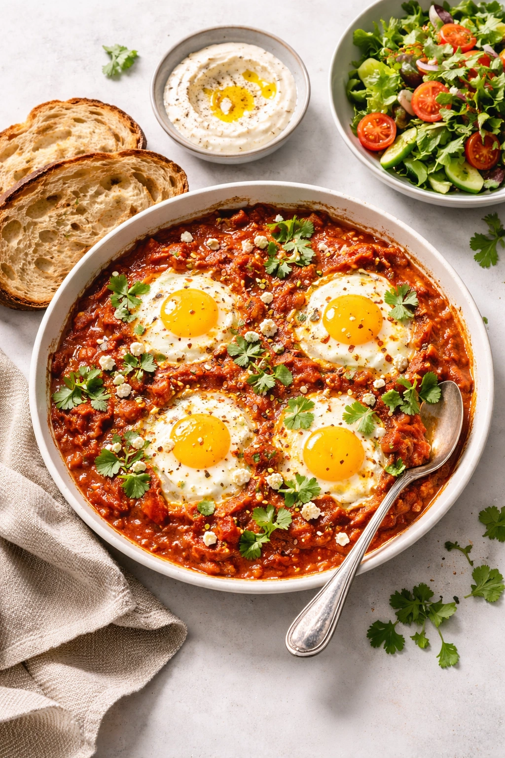 Shakshuka plated on a white plate with runny yolks in red sauce