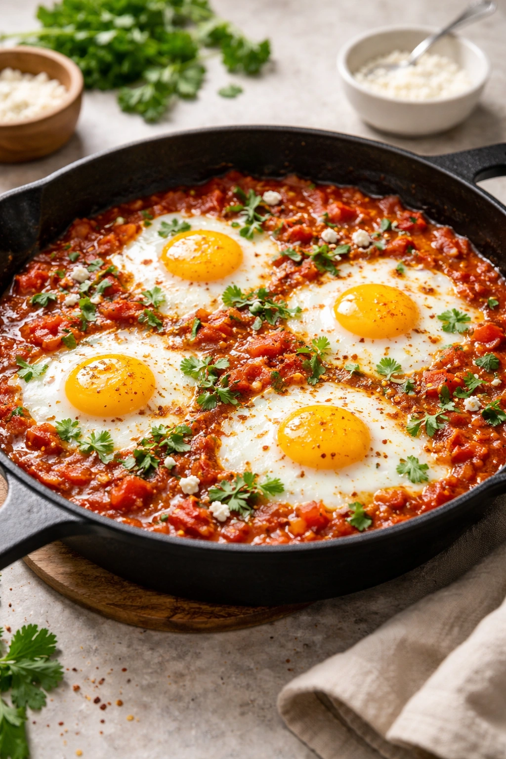 Shakshuka in skillet with glossy tomato sauce and poached eggs, soft kitchen lighting
