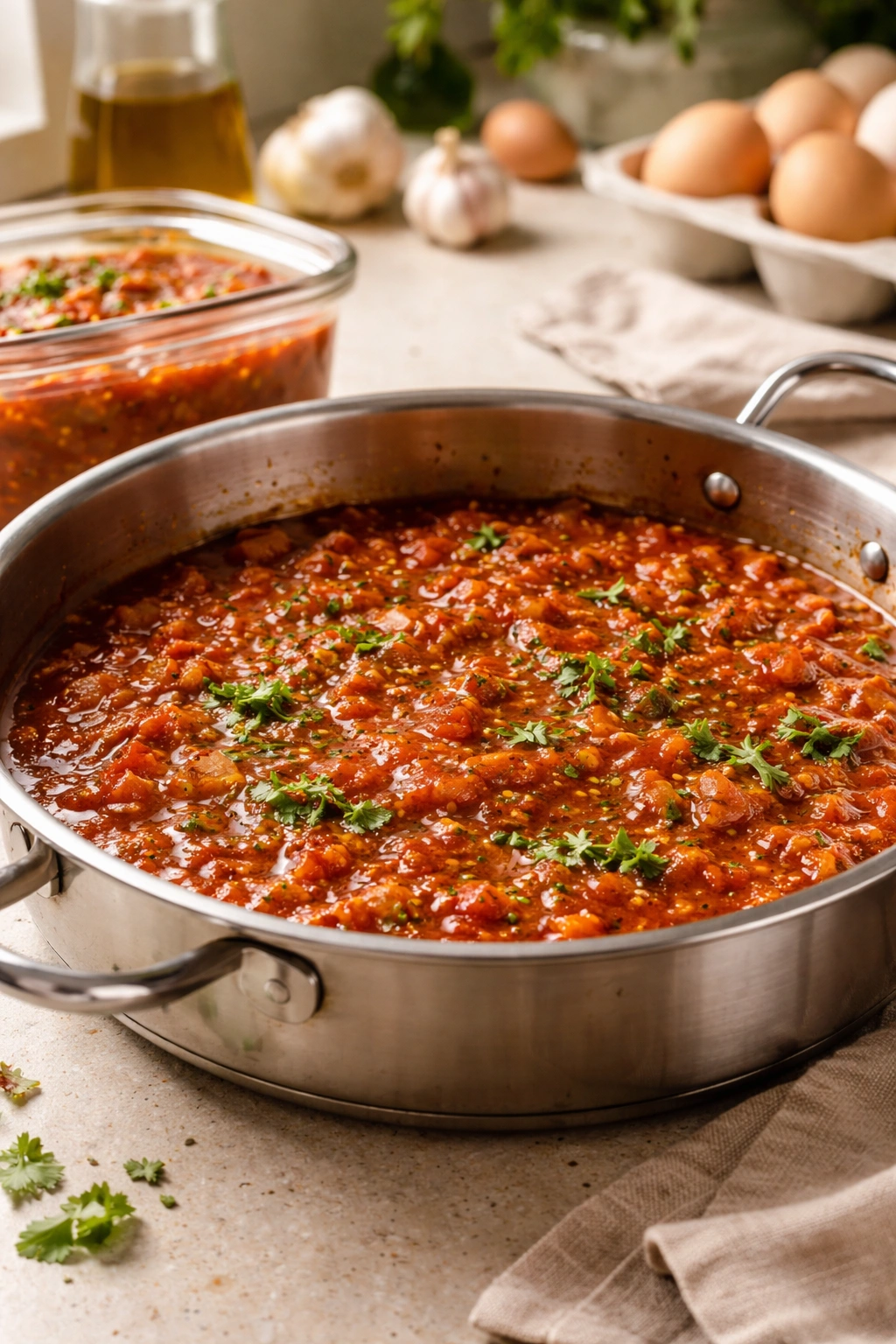 Shakshuka sauce in a pan ready for make-ahead, thick glossy red tomato base