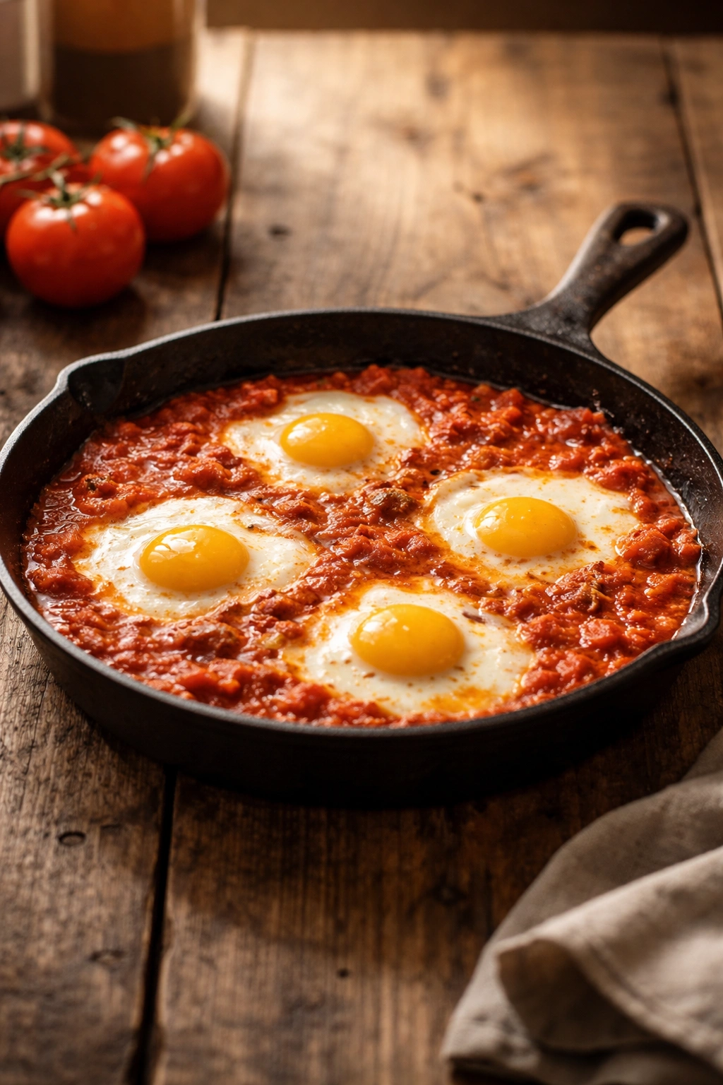 Shakshuka skillet on rustic wood table with poached eggs in tomato sauce, warm natural light