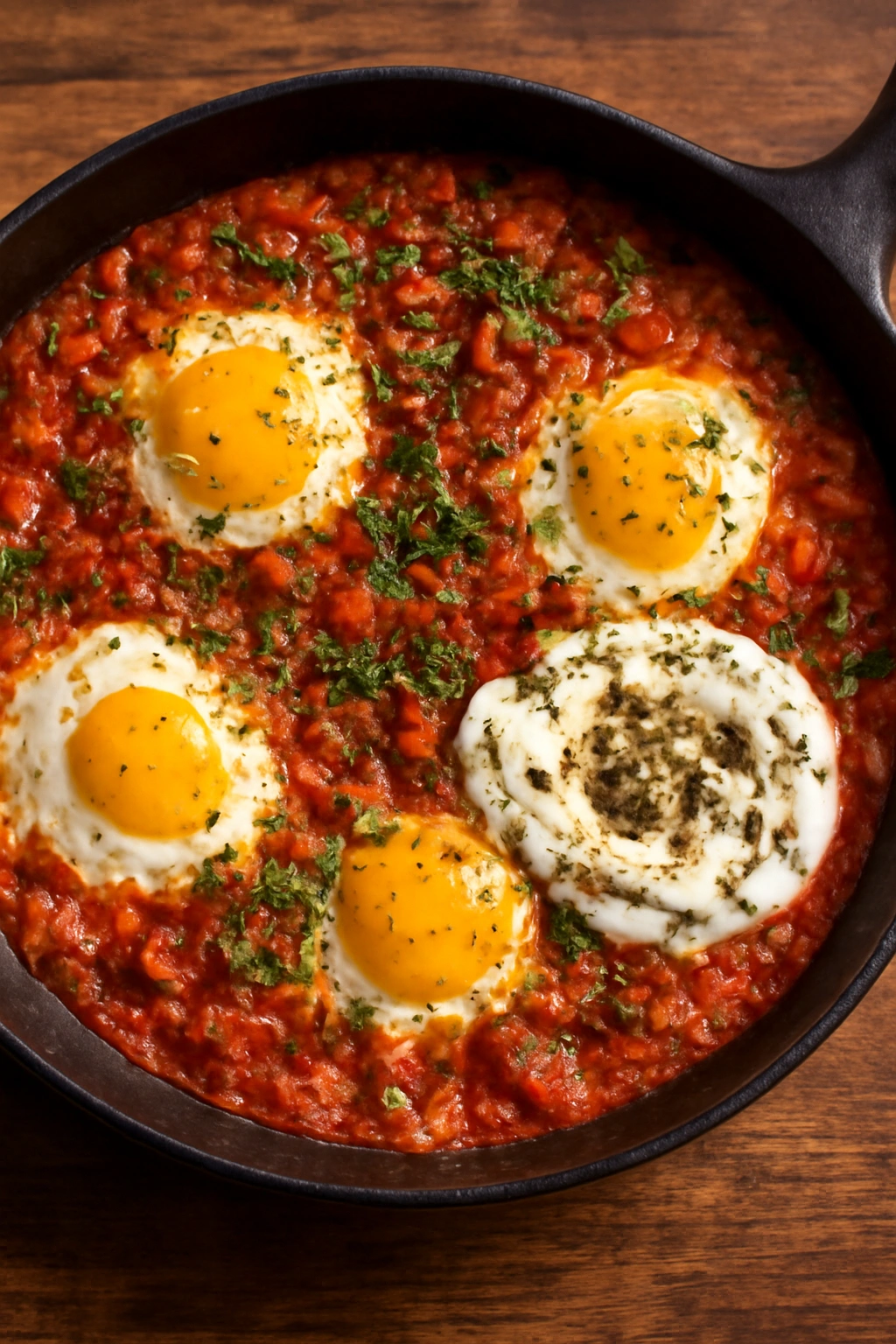 Shakshuka in skillet with poached eggs in spiced tomato sauce