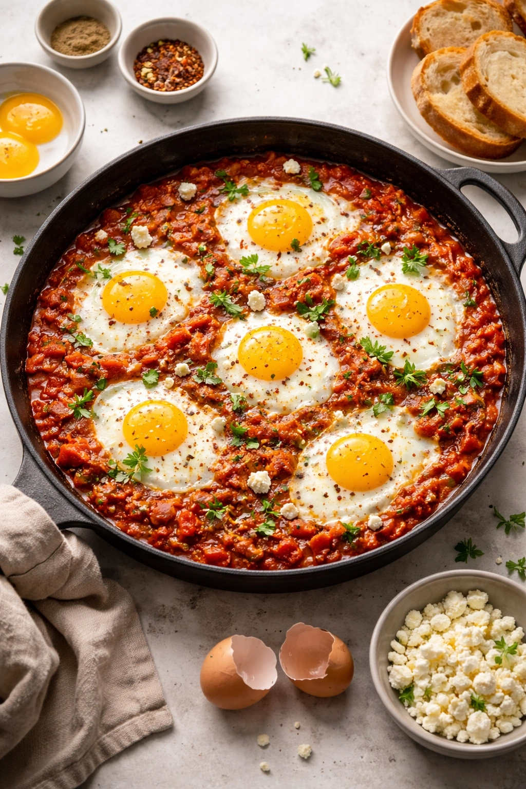 Shakshuka with glossy sauce and eggs, balanced and inviting