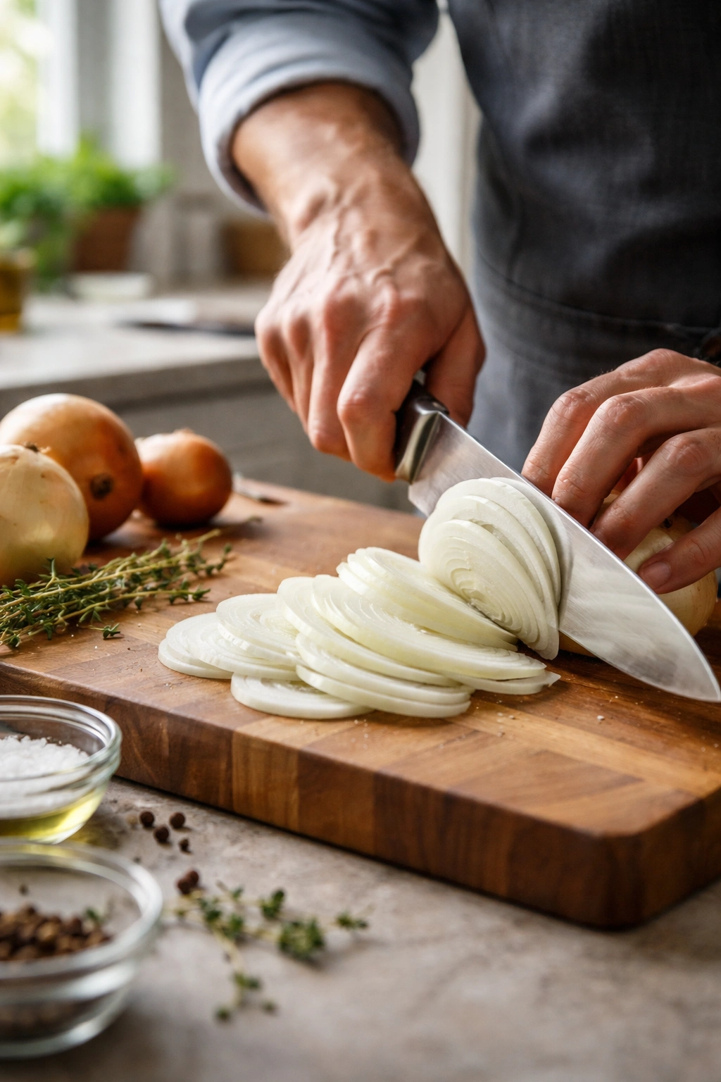 Sharp knife slicing onions on cutting board for prep