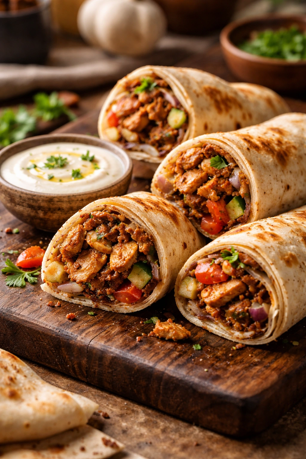 Close-up of spiced shawarma with garlic sauce on a wooden board, sliced to reveal caramelized edges