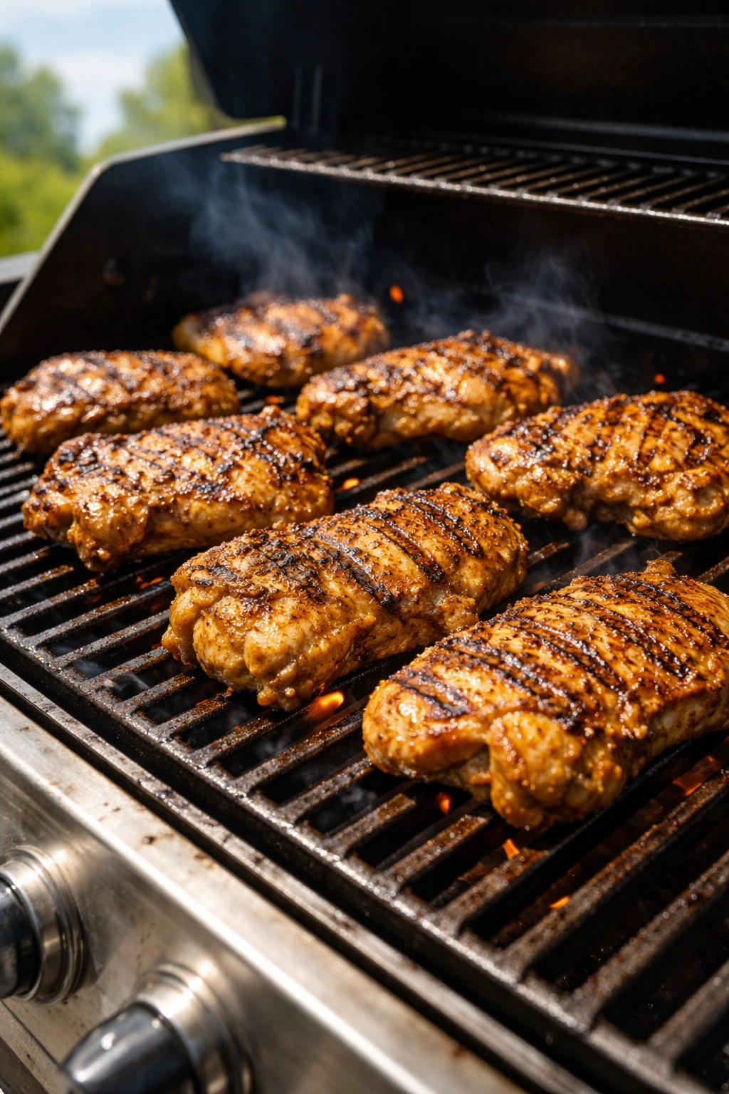Grilled chicken thighs with dark grill marks on a clean grill grate