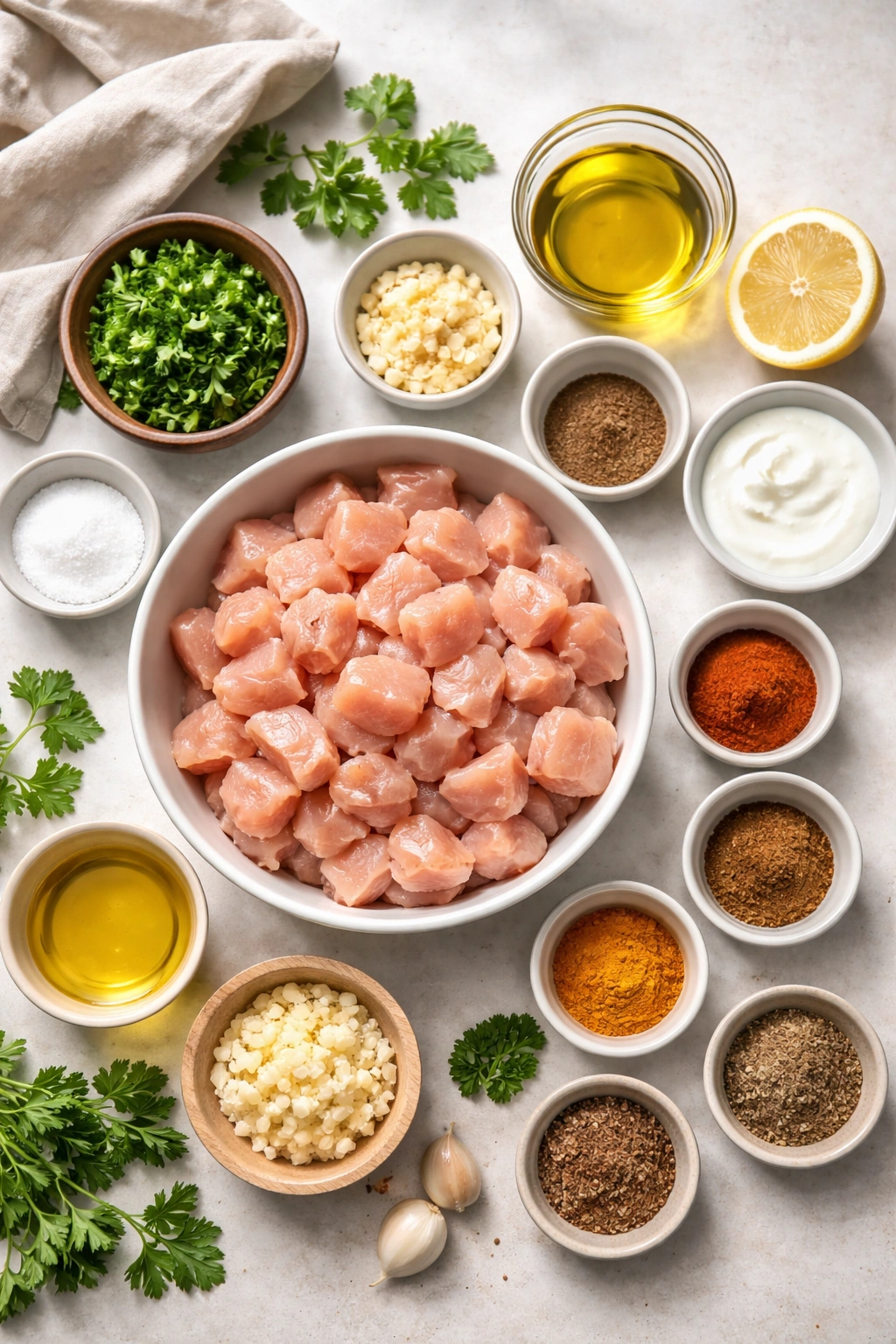 Ingredients and marinating setup for shawarma on a kitchen counter