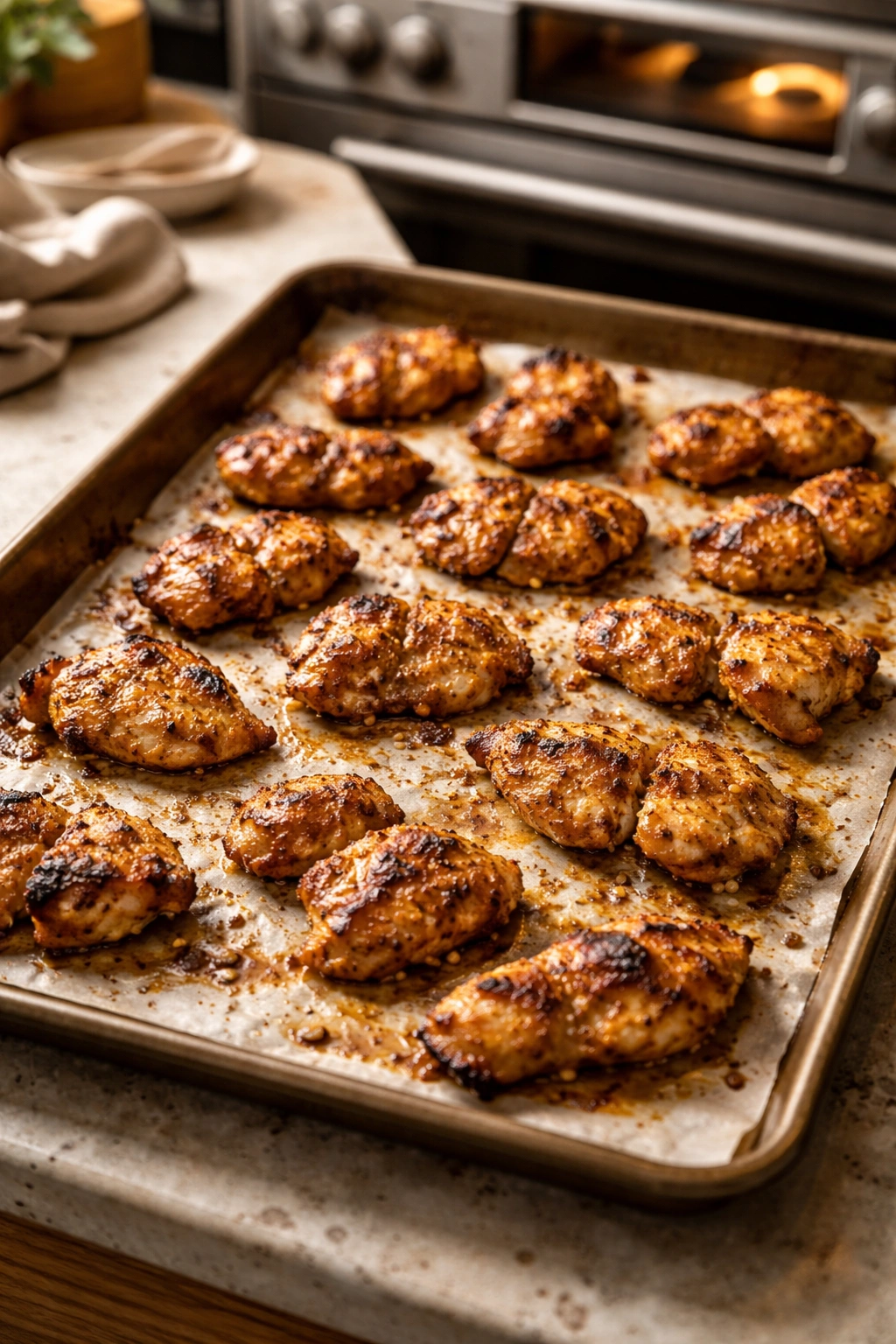 Roasted chicken on a sheet pan with golden edges ready for oven baking