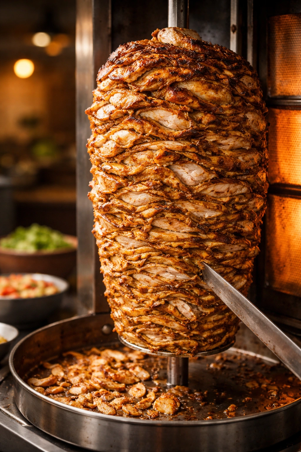 Close-up of stacked chicken shawarma on a vertical rotisserie with charred edges.