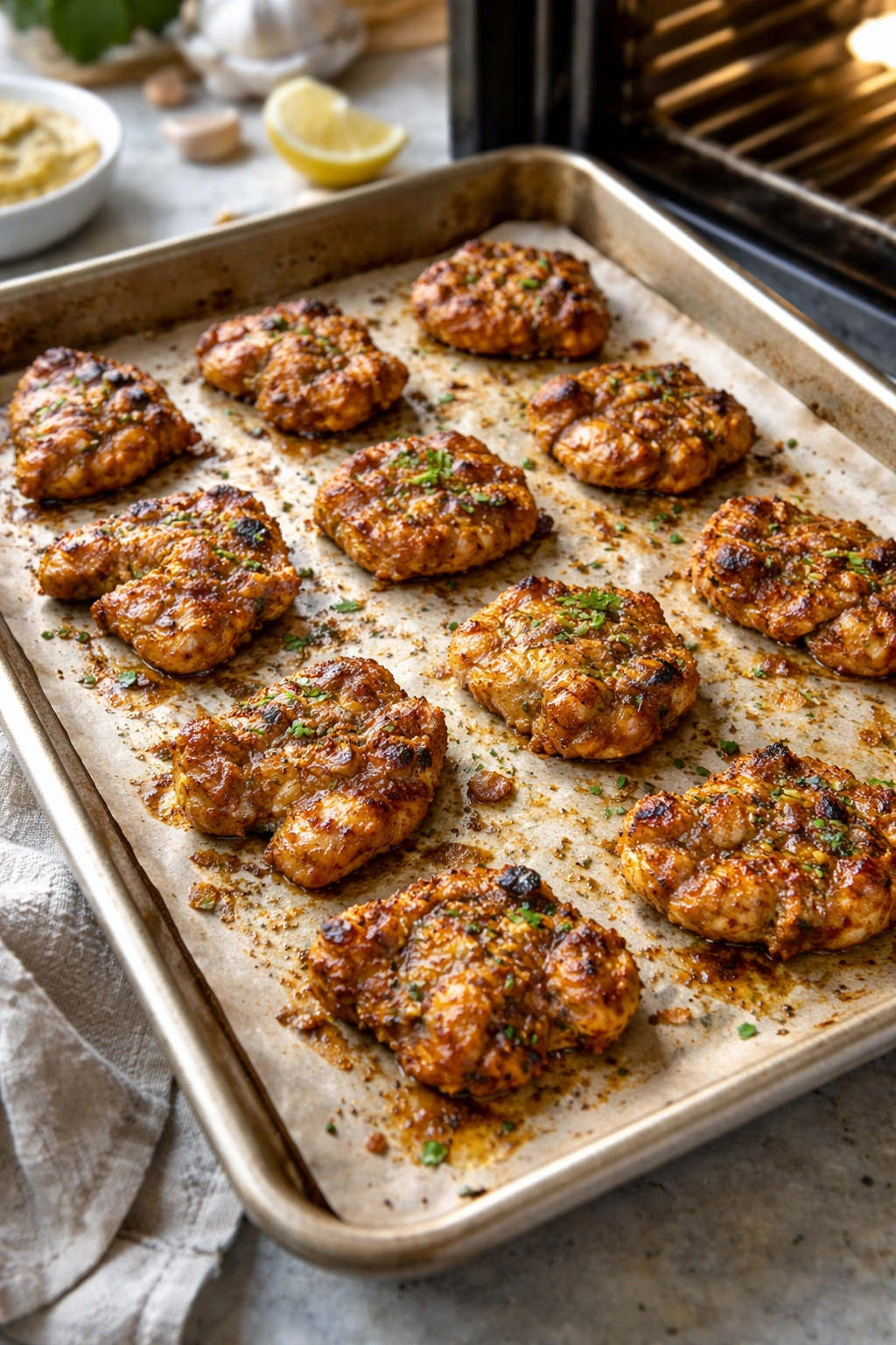 Chicken pieces spaced evenly on a baking sheet to avoid steaming