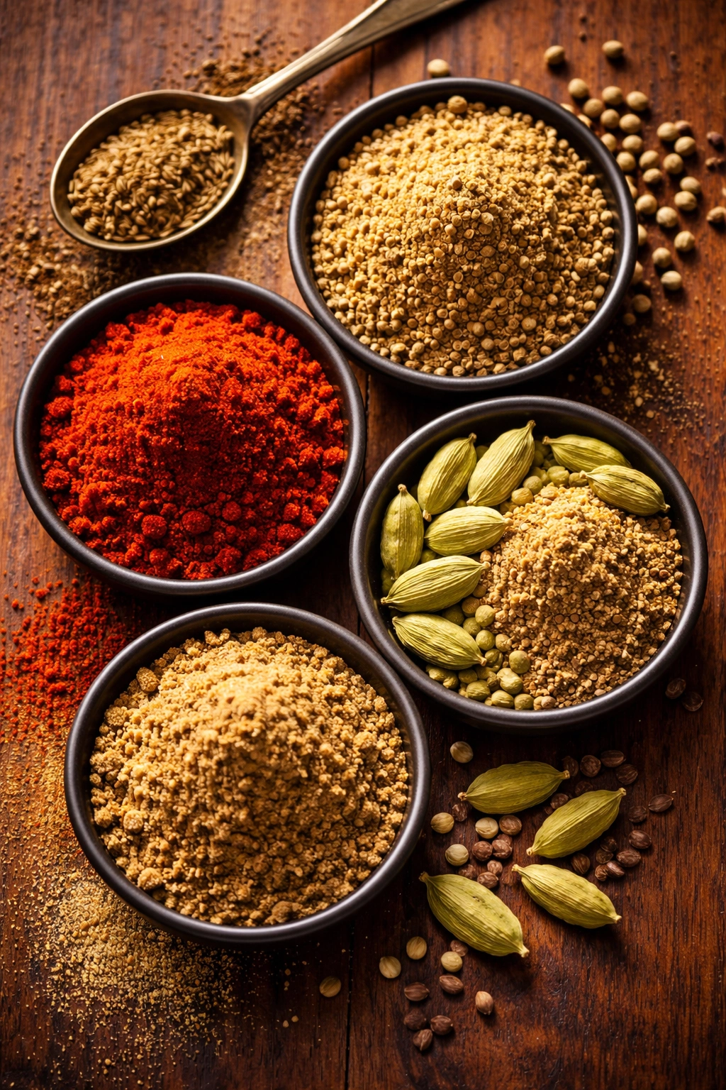 Top-down view of spice powders (cumin, coriander, paprika, cardamom) in bowls.